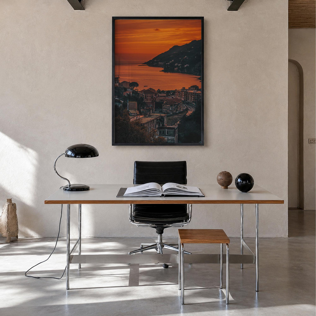 Amalfi no. 2 colorful photo poster of Italy – vertical wall art in black wood frame, hanging on wall