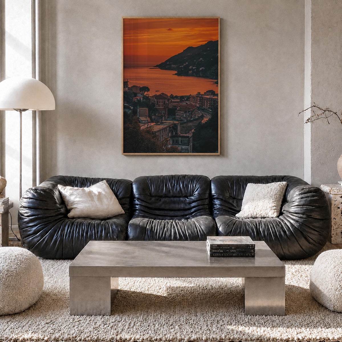 Amalfi no. 2 colorful photo poster of Italy – vertical wall art in natural wood frame, hanging on wall
