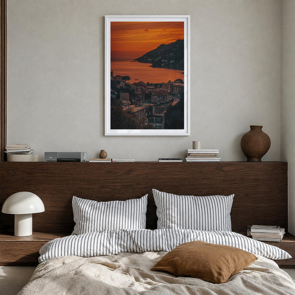 Amalfi no. 2 colorful photo poster of Italy – vertical wall art in white wood frame with white border, hanging on wall