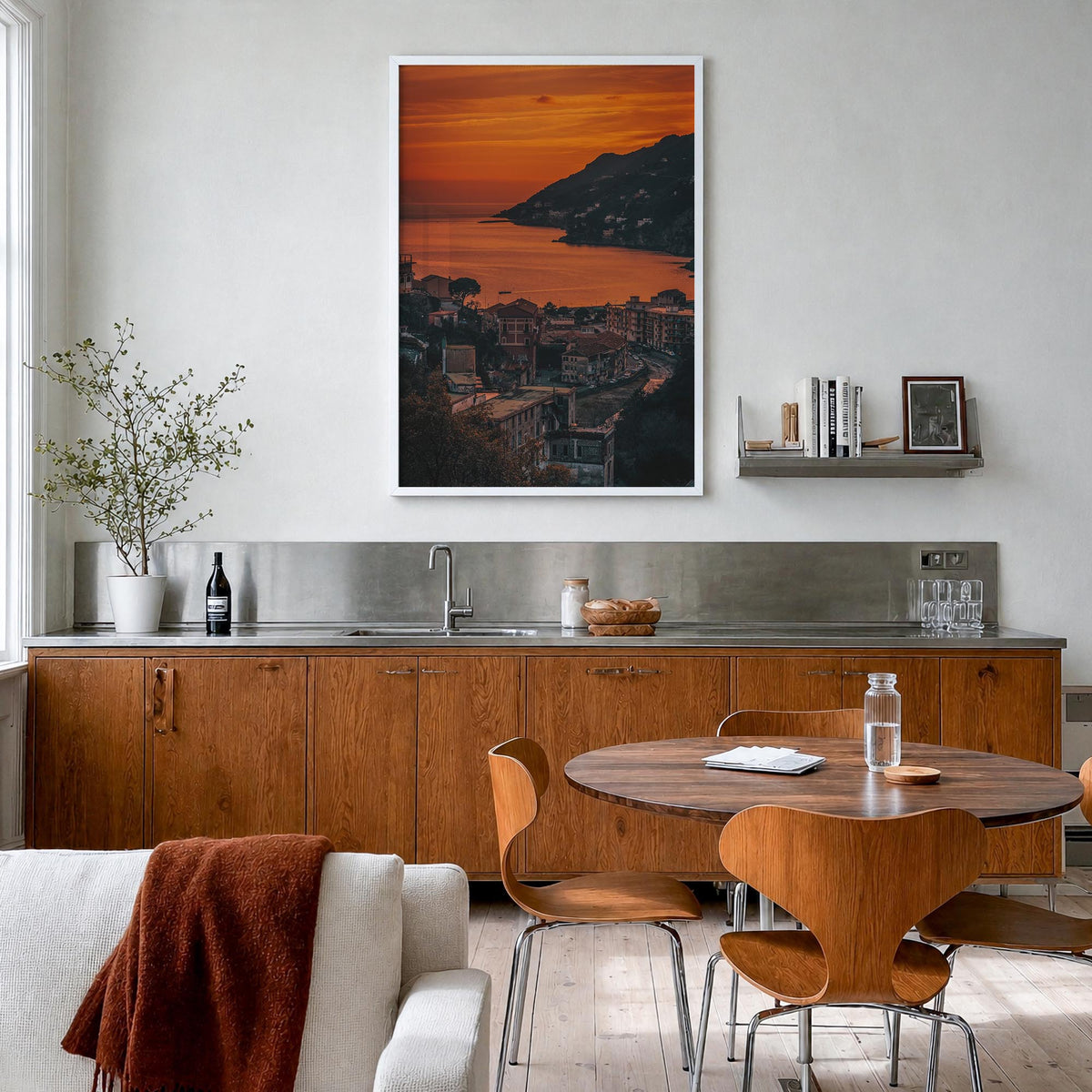 Amalfi no. 2 colorful photo poster of Italy – vertical wall art in white wood frame, hanging on wall
