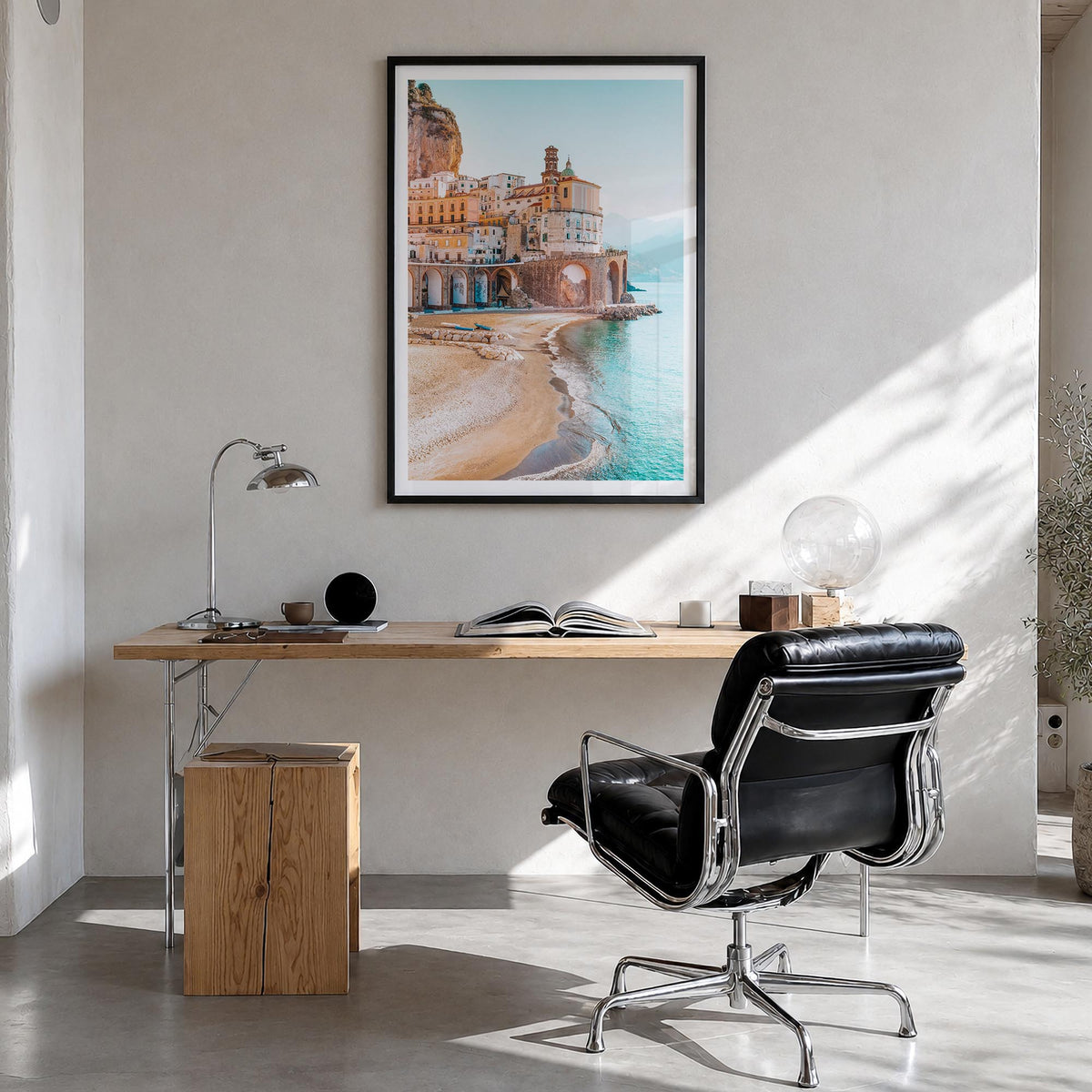 Amalfi no. 3 colorful photo poster of Italy – vertical wall art in black wood frame with white border, hanging on wall