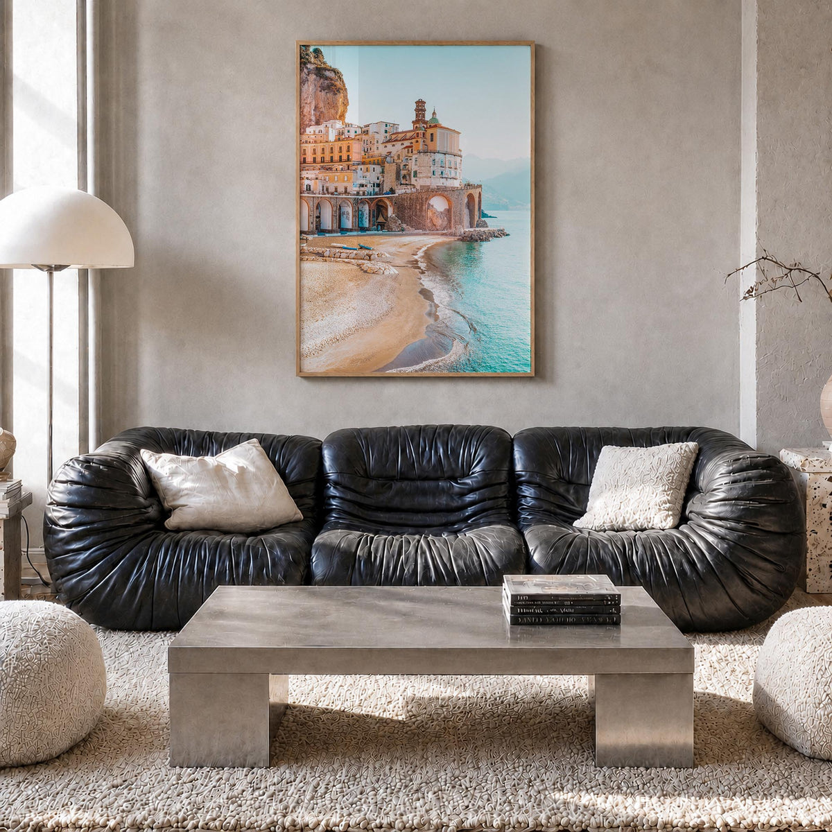 Amalfi no. 3 colorful photo poster of Italy – vertical wall art in natural wood frame, hanging on wall