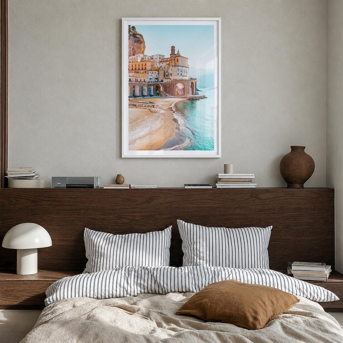 Amalfi no. 3 colorful photo poster of Italy – vertical wall art in white wood frame with white border, hanging on wall