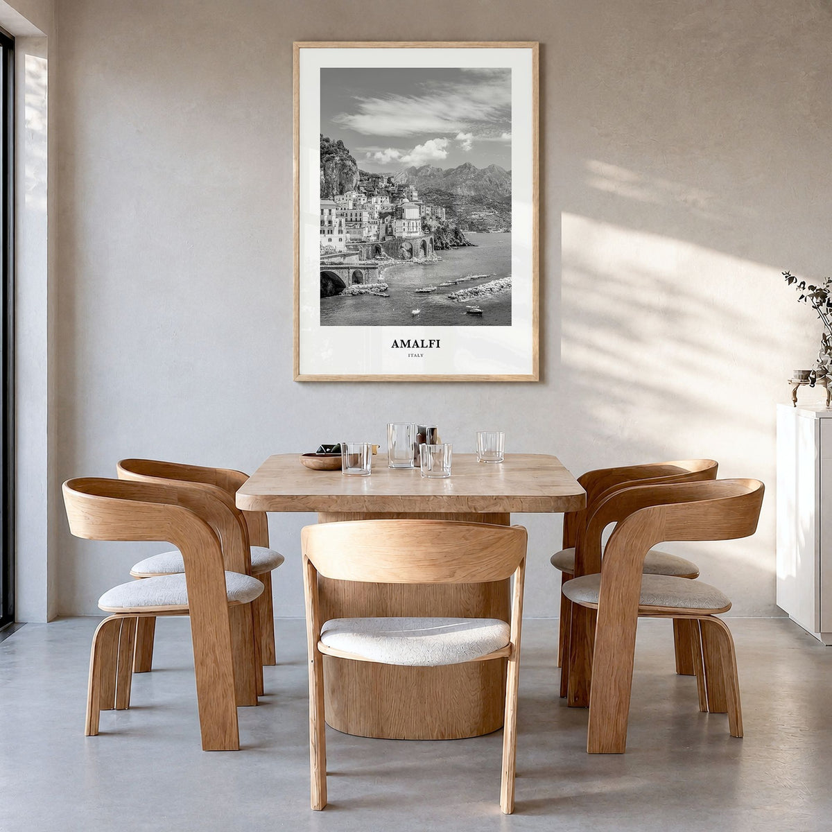 Amalfi Classic No 1 Poster in a natural wood frame, hanging in a dining room
