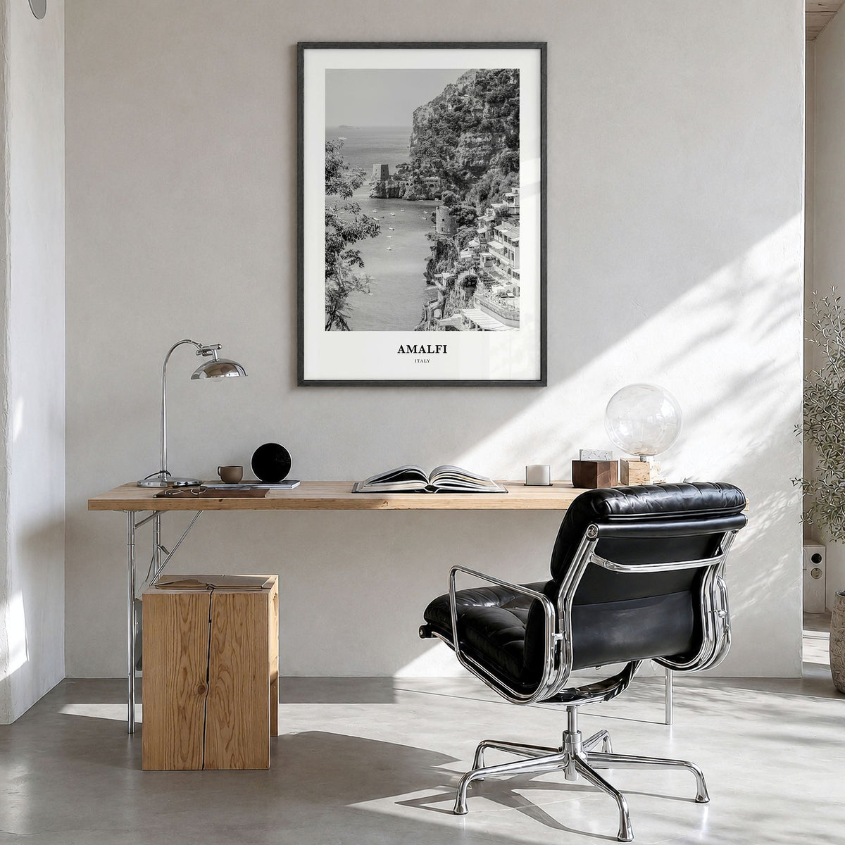 Amalfi Classic No 2 Poster in a black wood frame, hanging in a bright home office