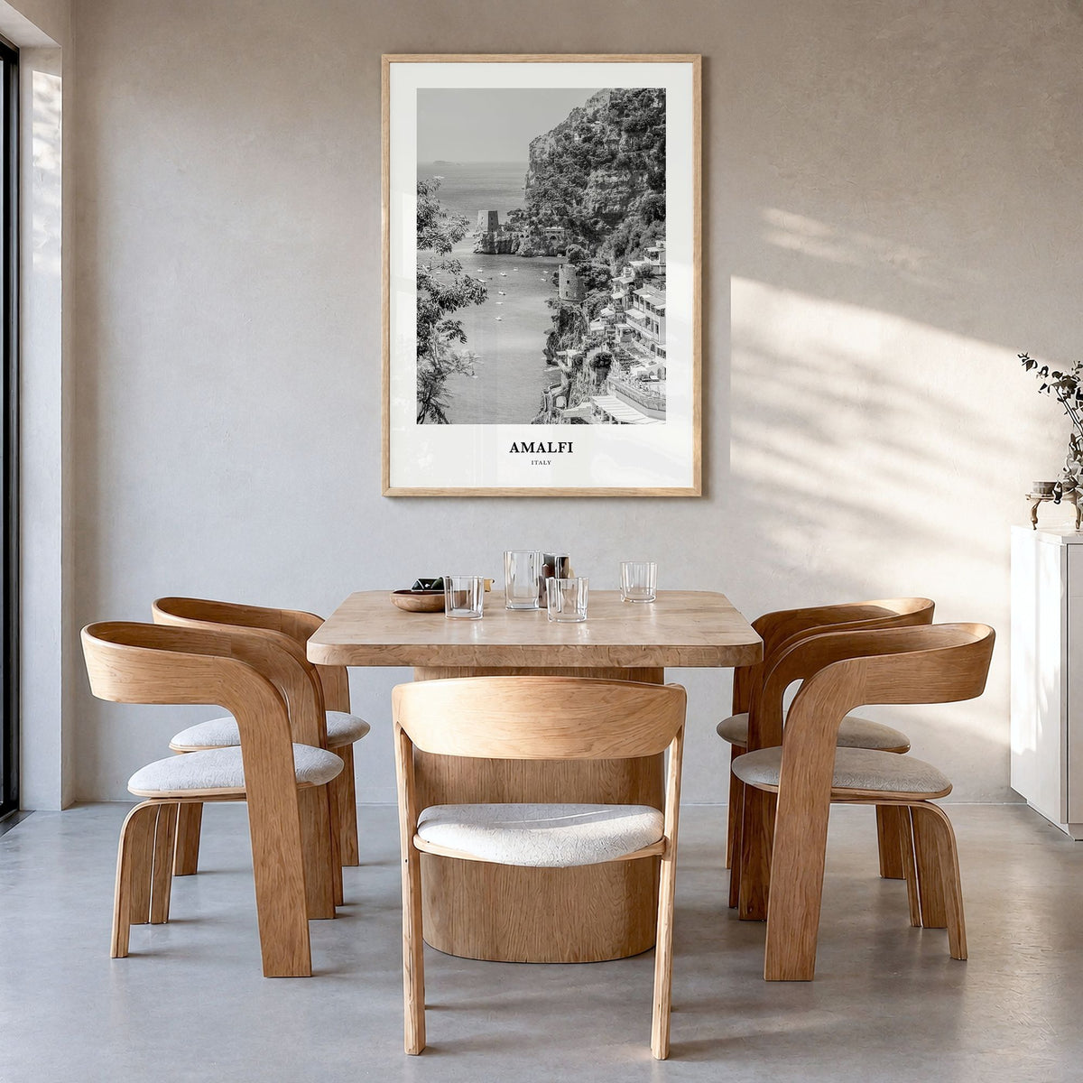Amalfi Classic No 2 Poster in a natural wood frame, hanging in a dining room