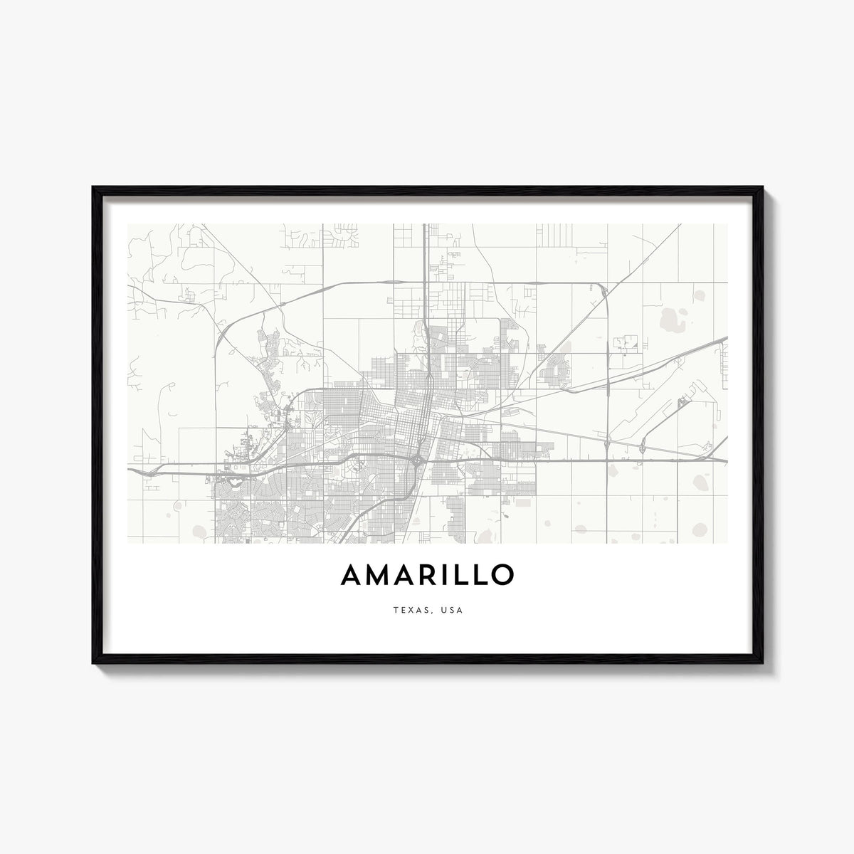 Amarillo black & white map poster of Texas, USA – horizontal wall art, unframed print shown in interior mockup