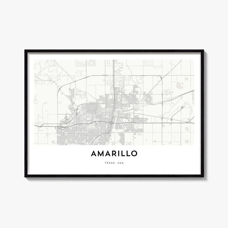 Amarillo black & white map poster of Texas, USA – horizontal wall art, unframed print shown in interior mockup