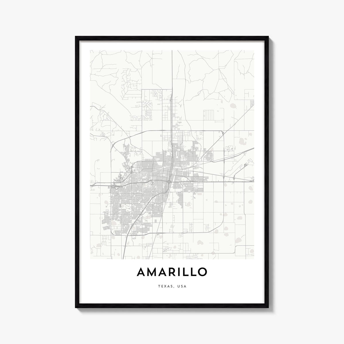Amarillo black & white map poster of Texas, USA – vertical wall art, unframed print shown in interior mockup
