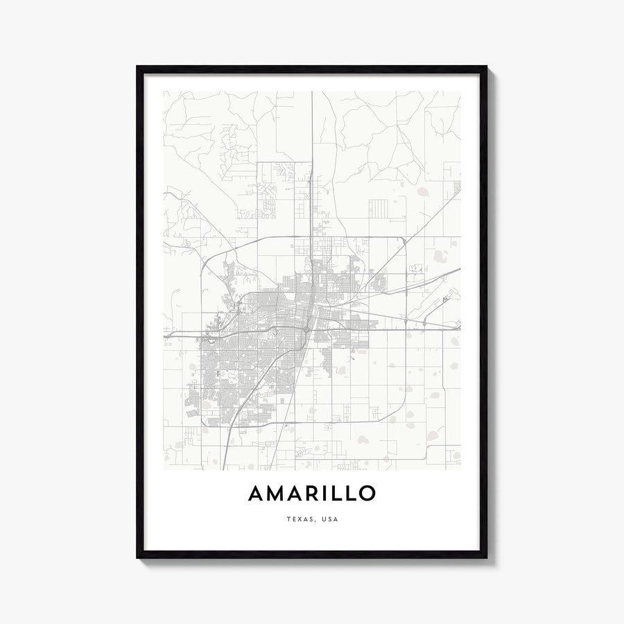 Amarillo black & white map poster of Texas, USA – vertical wall art, unframed print shown in interior mockup