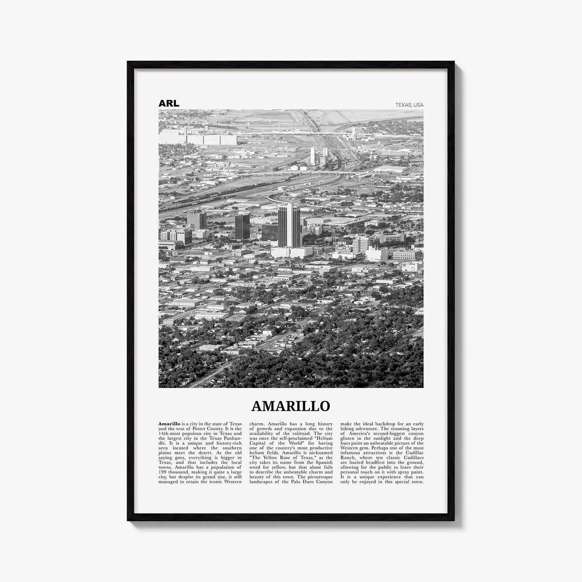 Amarillo black & white newspaper poster of Texas, USA – vertical wall art, unframed print shown in interior mockup