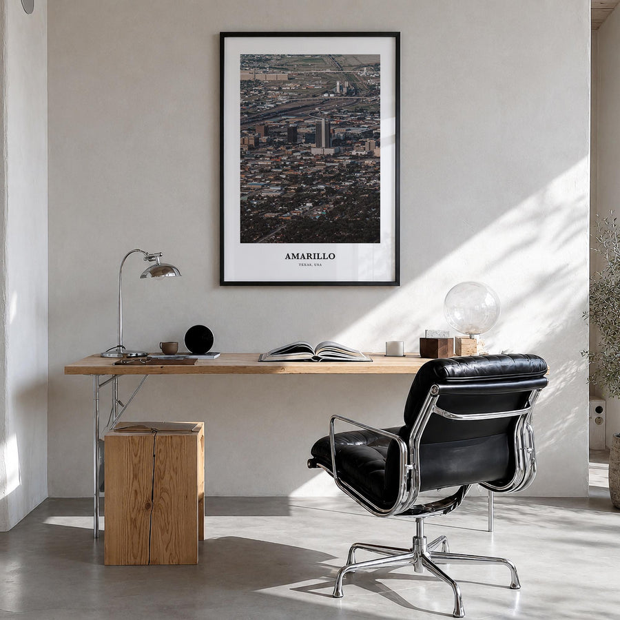 Amarillo colorful classic poster of Texas, USA – vertical wall art in black wood frame, hanging on wall