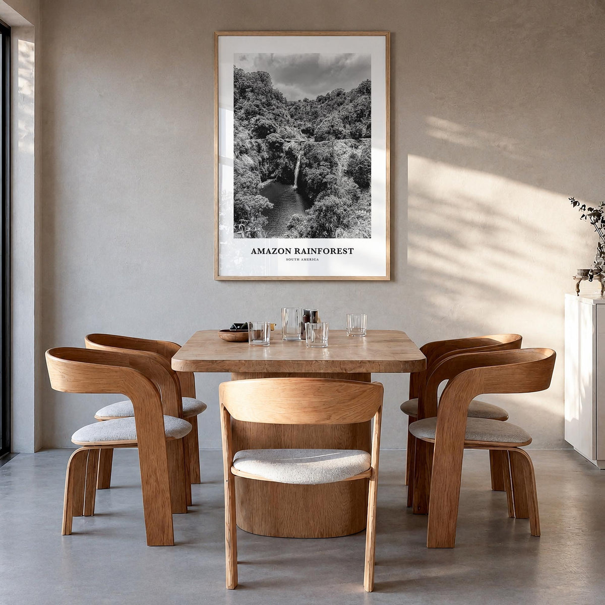 Amazon Rainforest black & white classic poster of South America – vertical wall art in natural wood frame, hanging on wall
