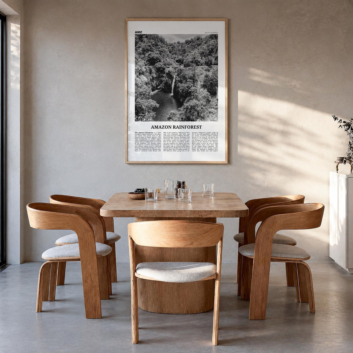 Amazon Rainforest black & white newspaper poster of South America – vertical wall art in natural wood frame, hanging on wall