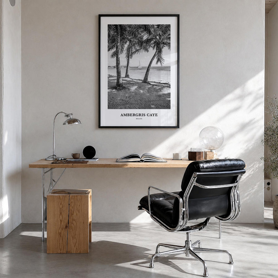 Ambergris Caye black & white classic poster of Belize – vertical wall art in black wood frame, hanging on wall