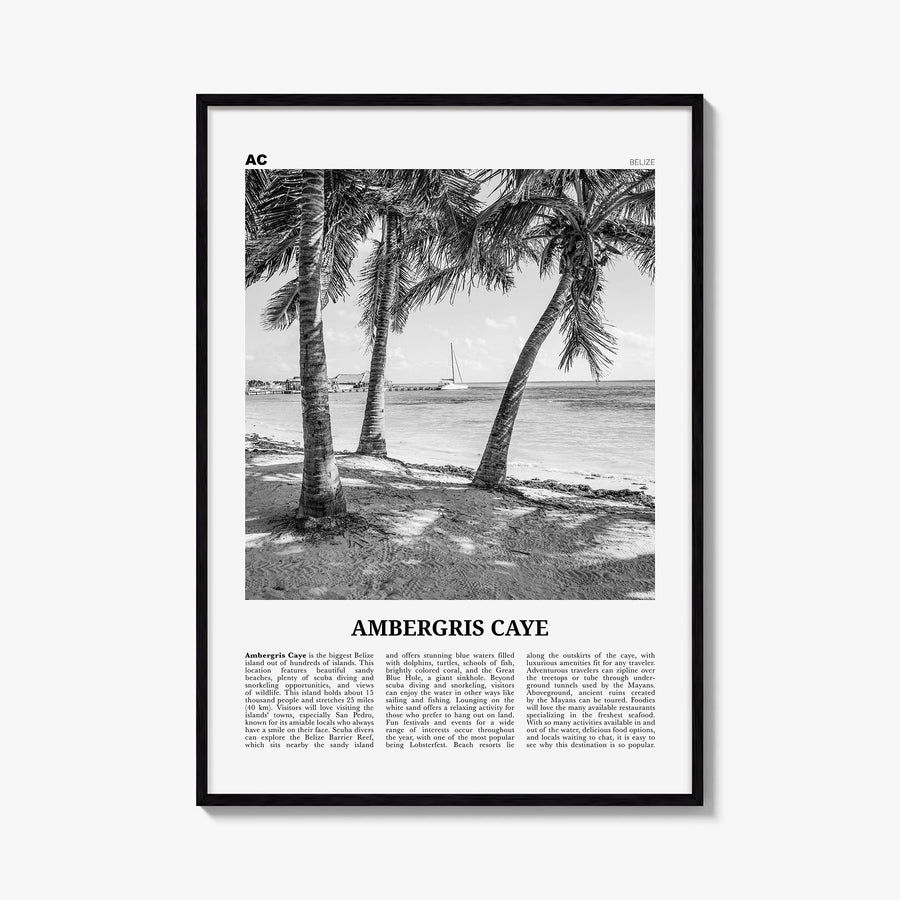 Ambergris Caye black & white newspaper poster of Belize – vertical wall art, unframed print shown in interior mockup