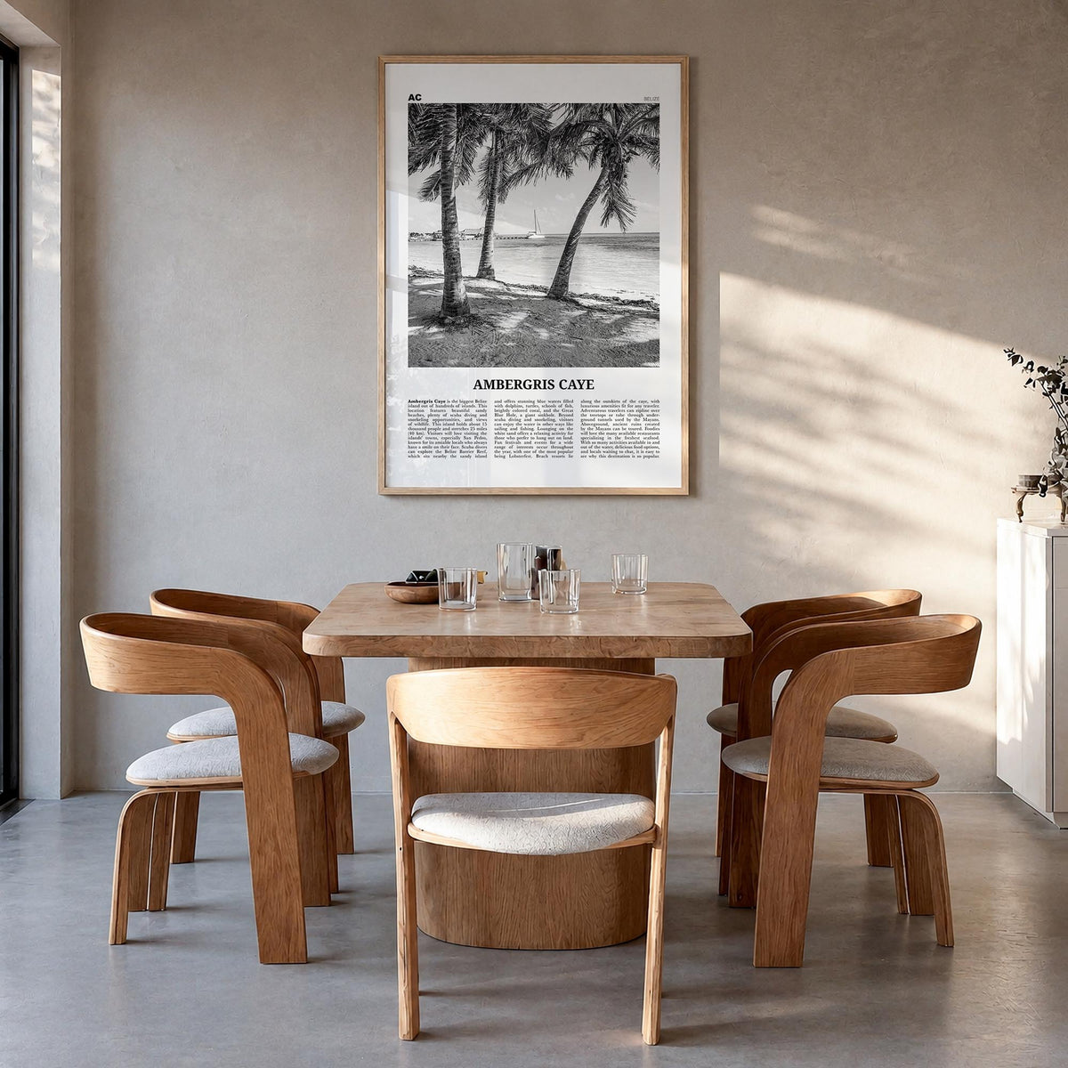 Ambergris Caye black & white newspaper poster of Belize – vertical wall art in natural wood frame, hanging on wall