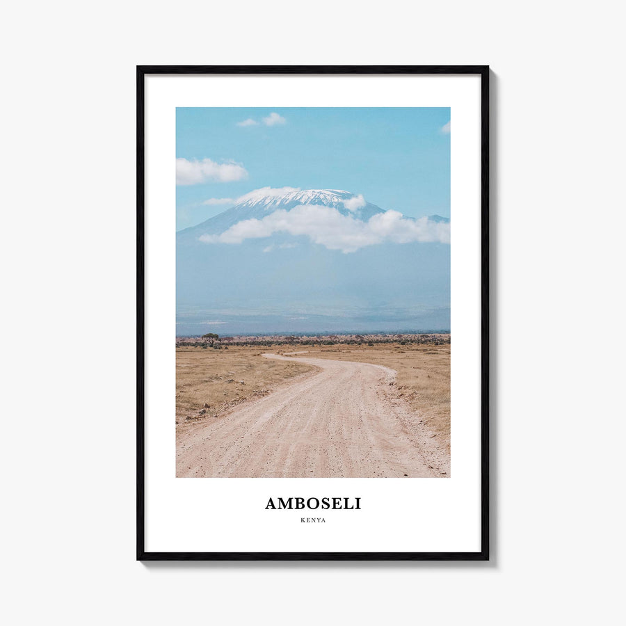 Amboseli colorful classic poster of Kenya – vertical wall art, unframed print shown in interior mockup