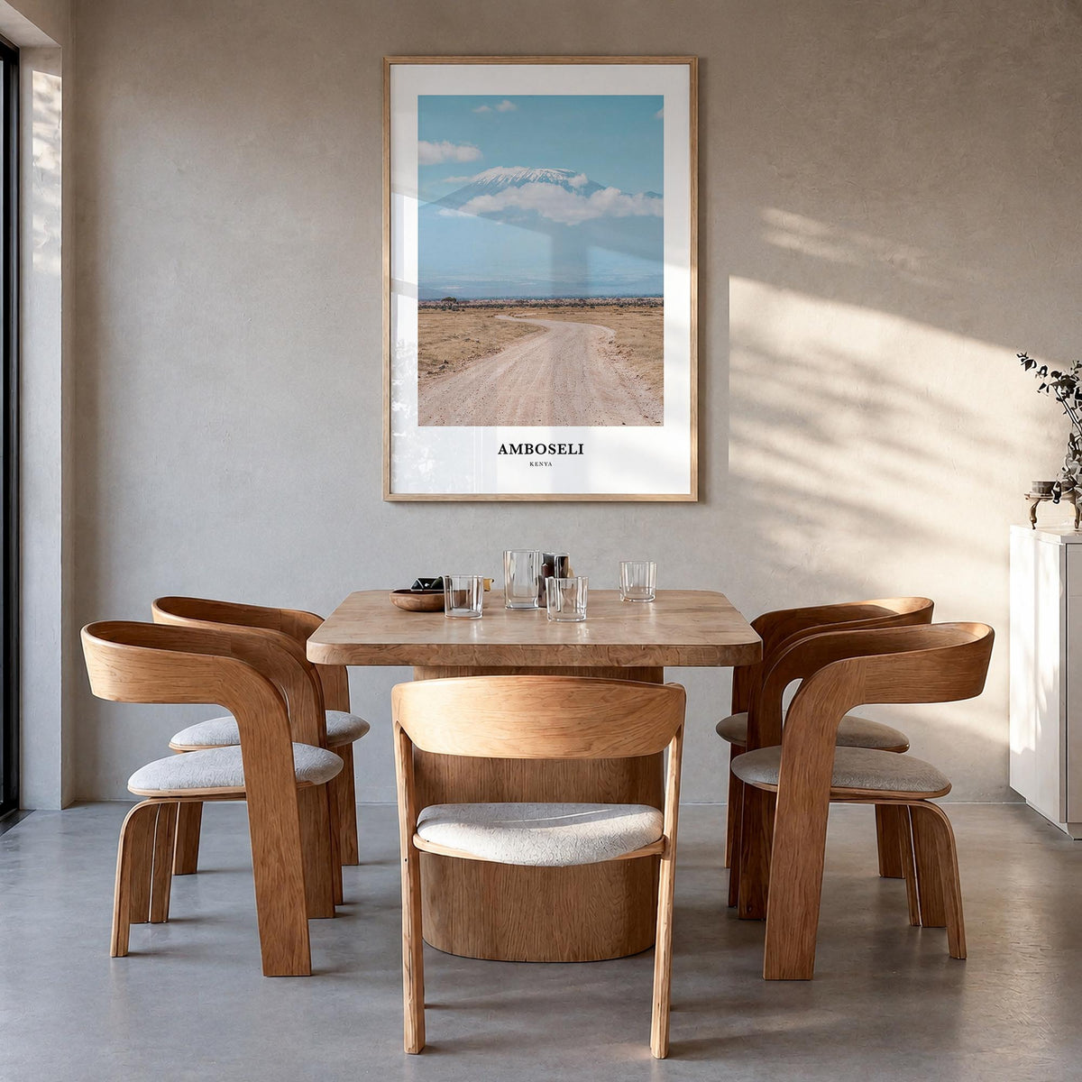 Amboseli colorful classic poster of Kenya – vertical wall art in natural wood frame, hanging on wall
