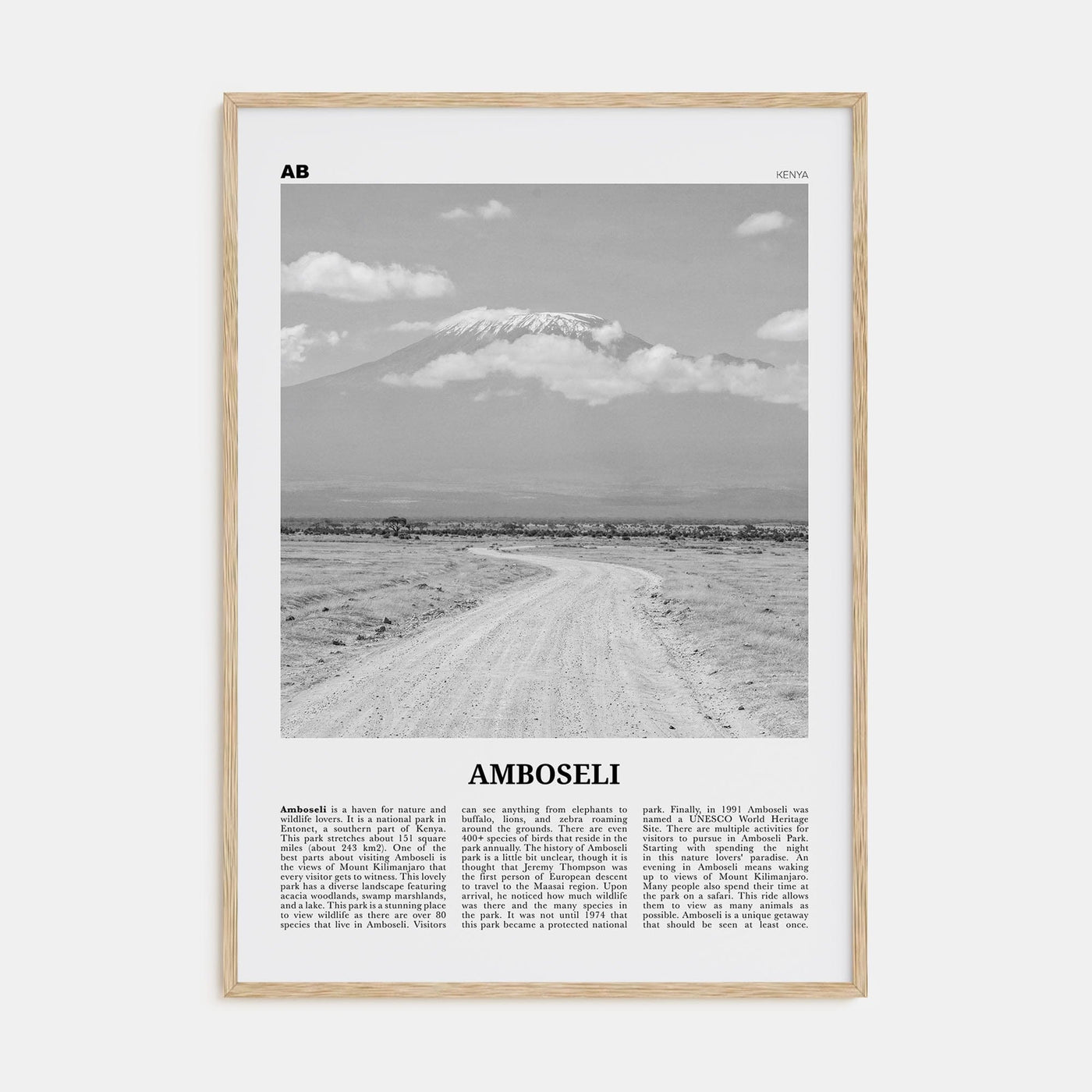 Amboseli Poster Natural Wood / 8x12 in Nbourhood Travel B&W Poster