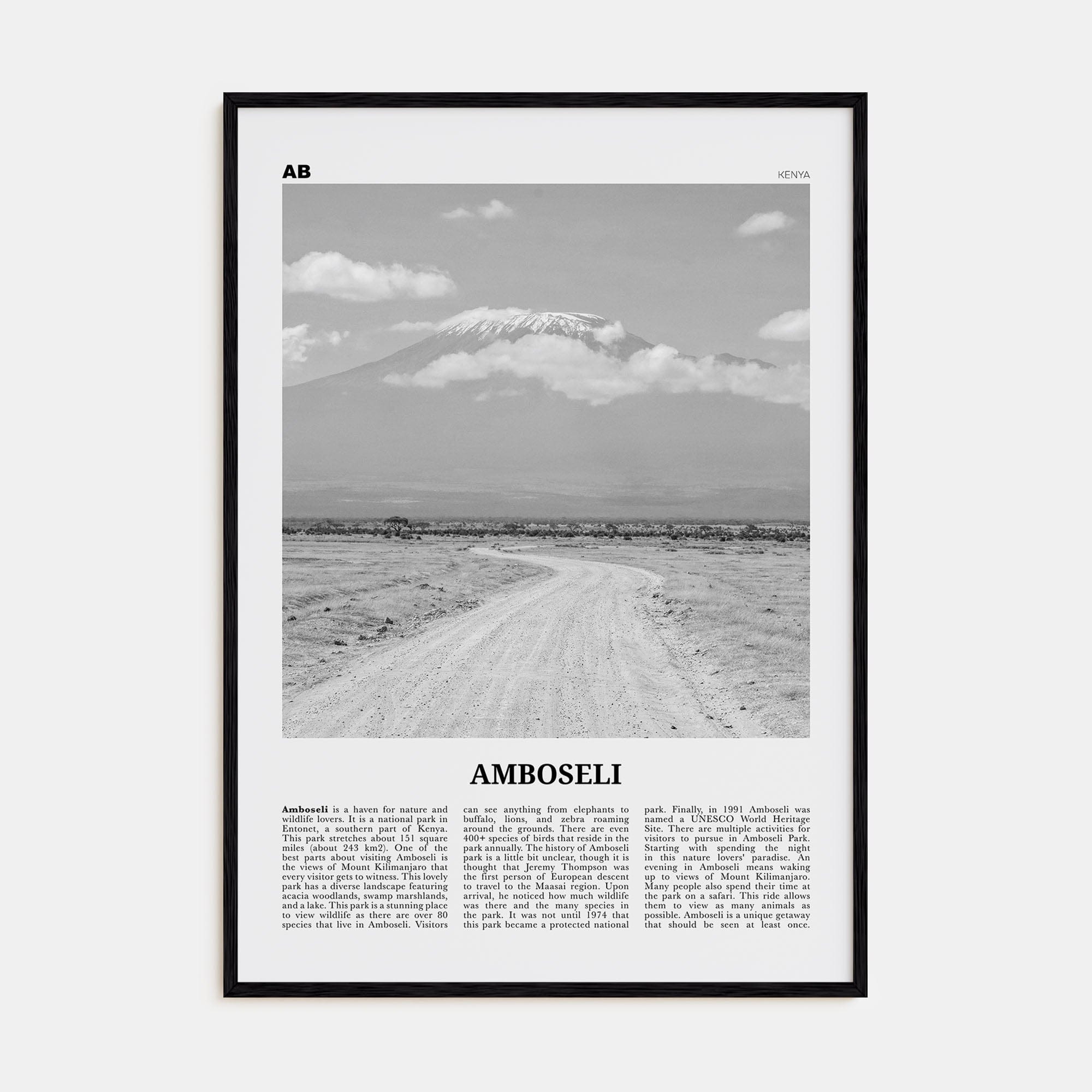 Amboseli Poster Black Wood / 8x12 in Nbourhood Travel B&W Poster