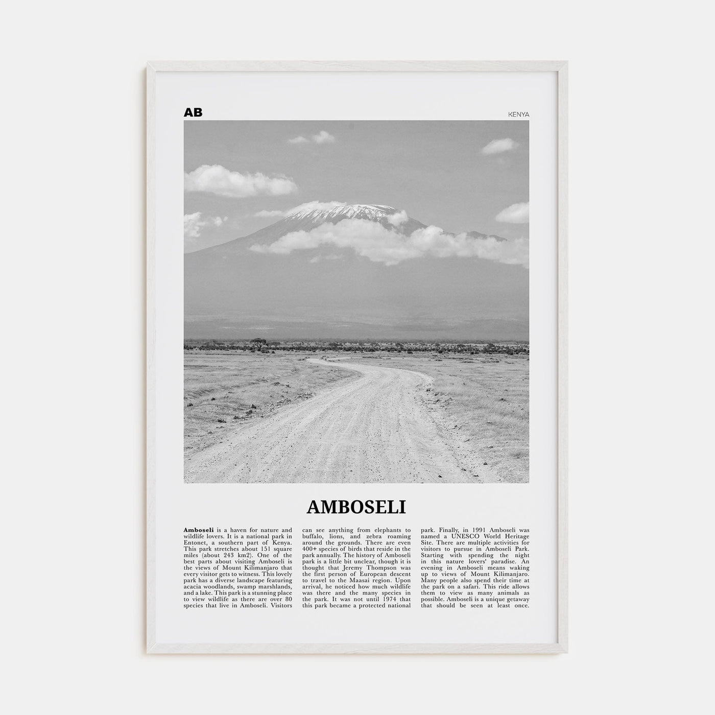 Amboseli Poster White Wood / 8x12 in Nbourhood Travel B&W Poster