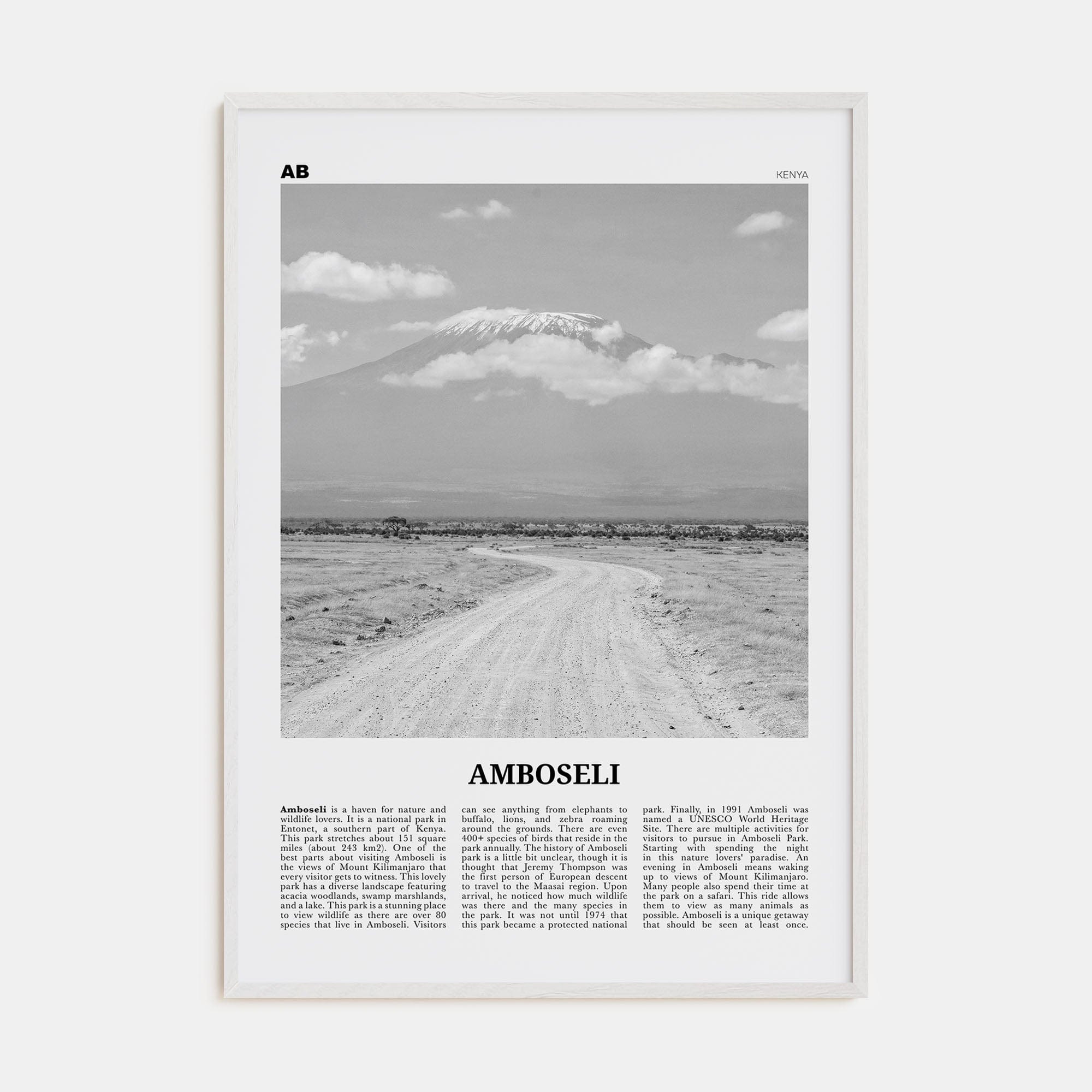 Amboseli Poster White Wood / 8x12 in Nbourhood Travel B&W Poster