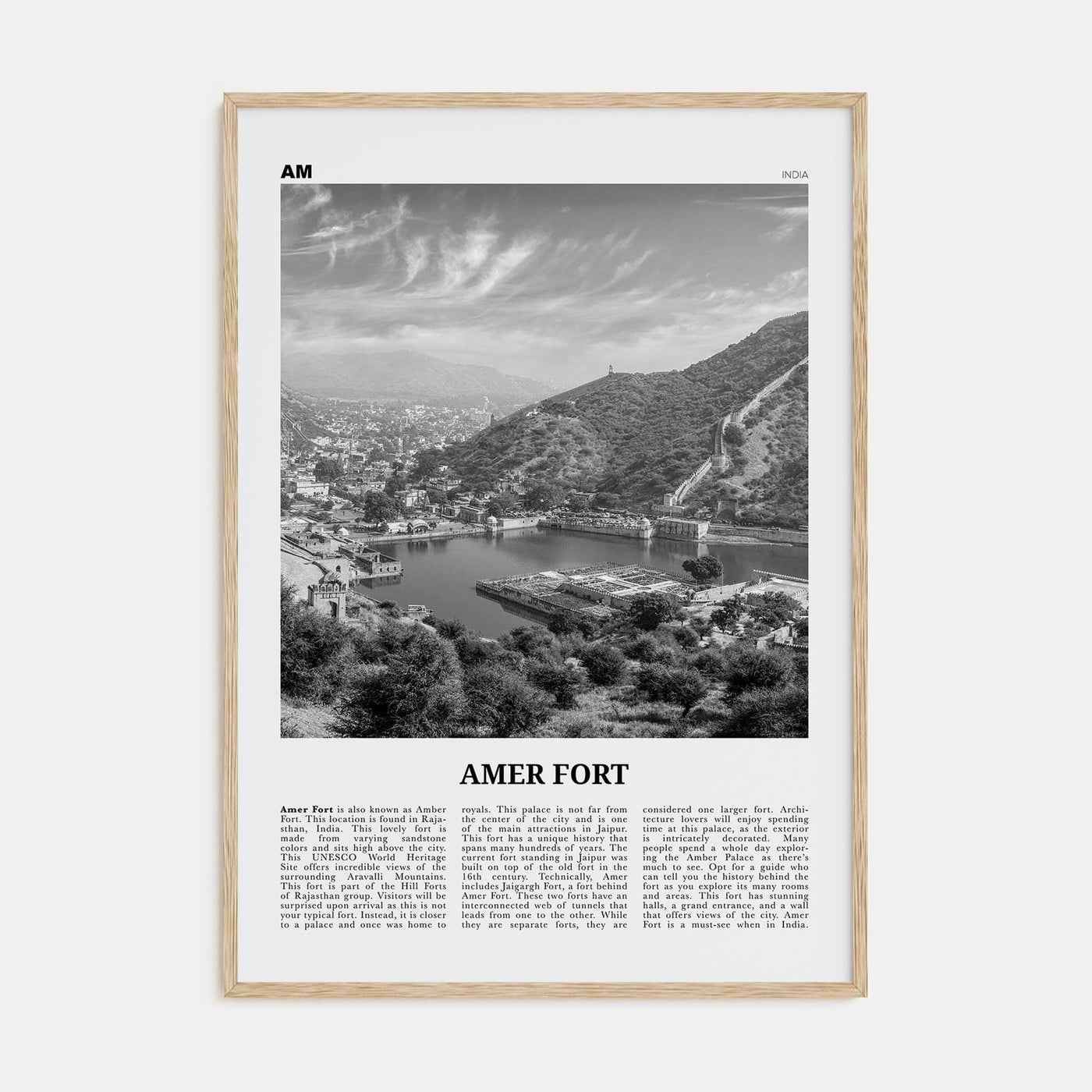 Amer Fort Poster Natural Wood / 8x12 in Nbourhood Travel B&W Poster