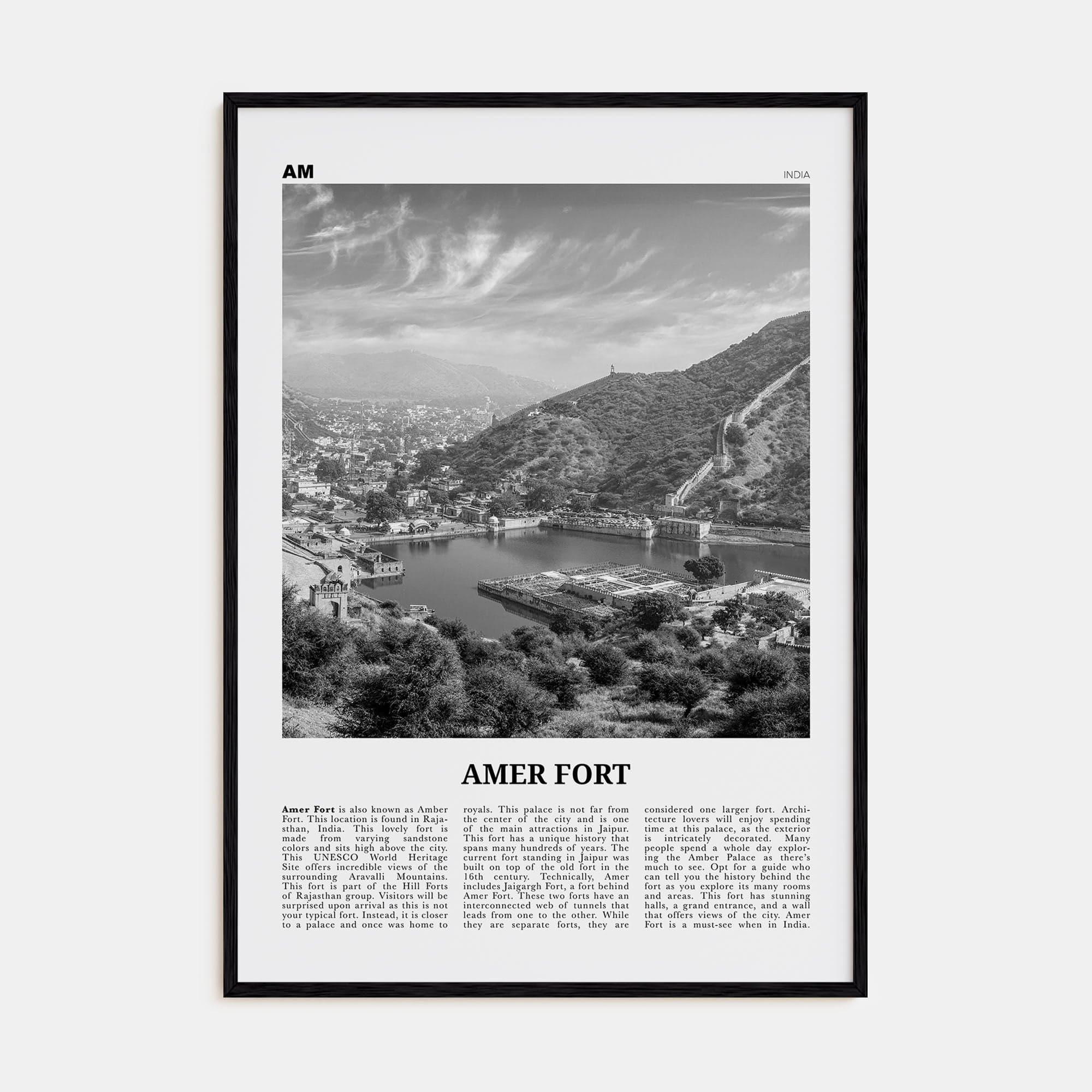 Amer Fort Poster Black Wood / 8x12 in Nbourhood Travel B&W Poster