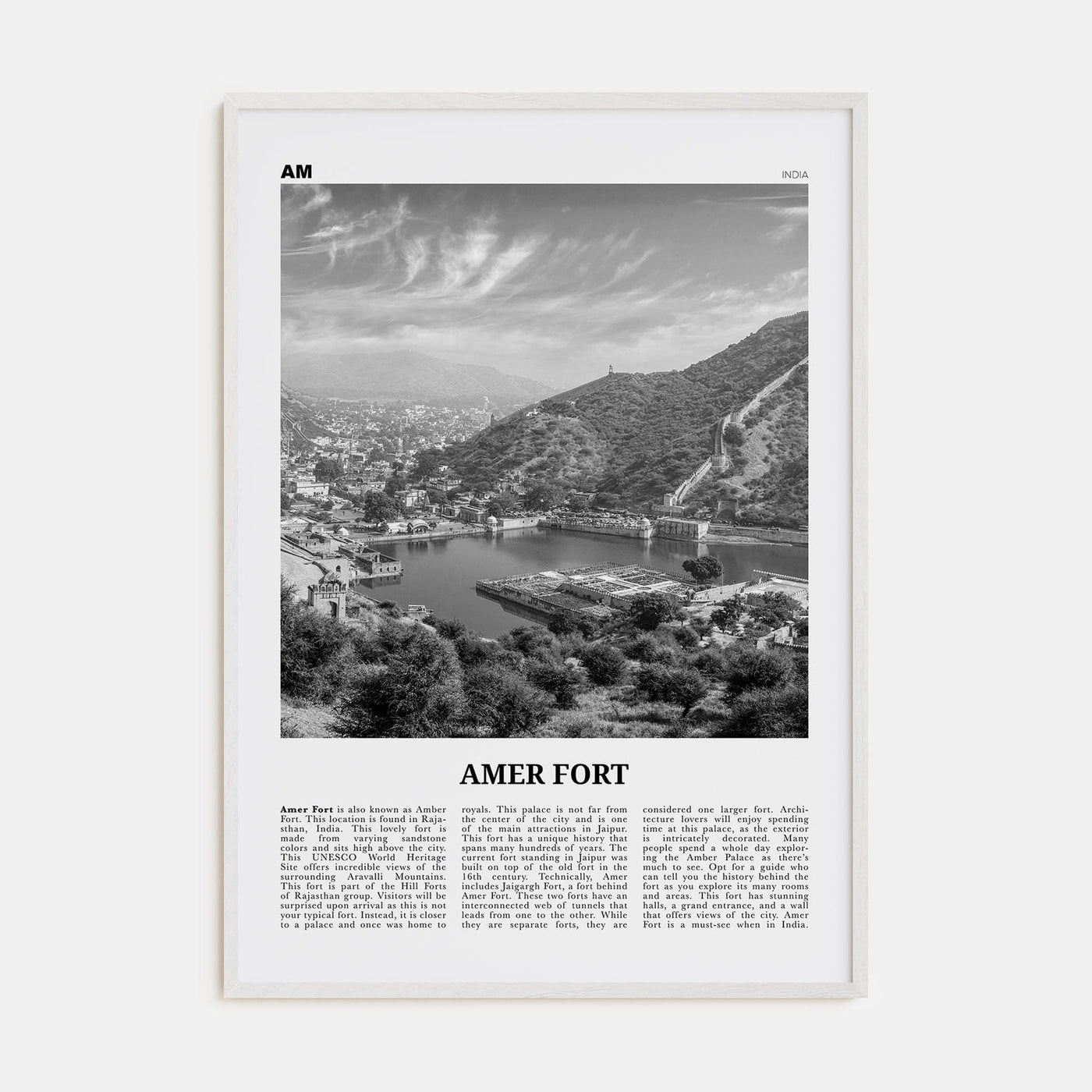 Amer Fort Poster White Wood / 8x12 in Nbourhood Travel B&W Poster