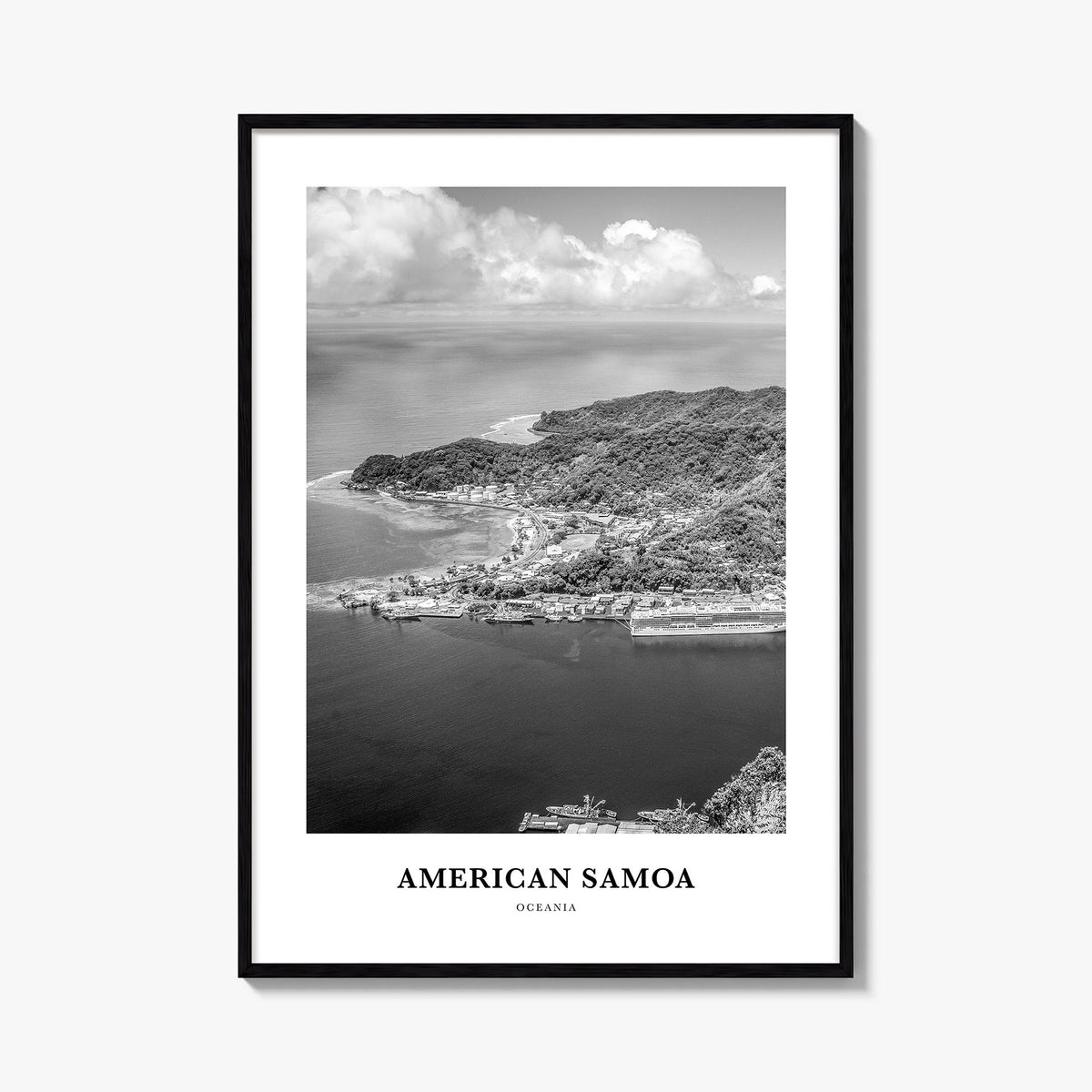 American Samoa black & white classic poster of Oceania – vertical wall art, unframed print shown in interior mockup