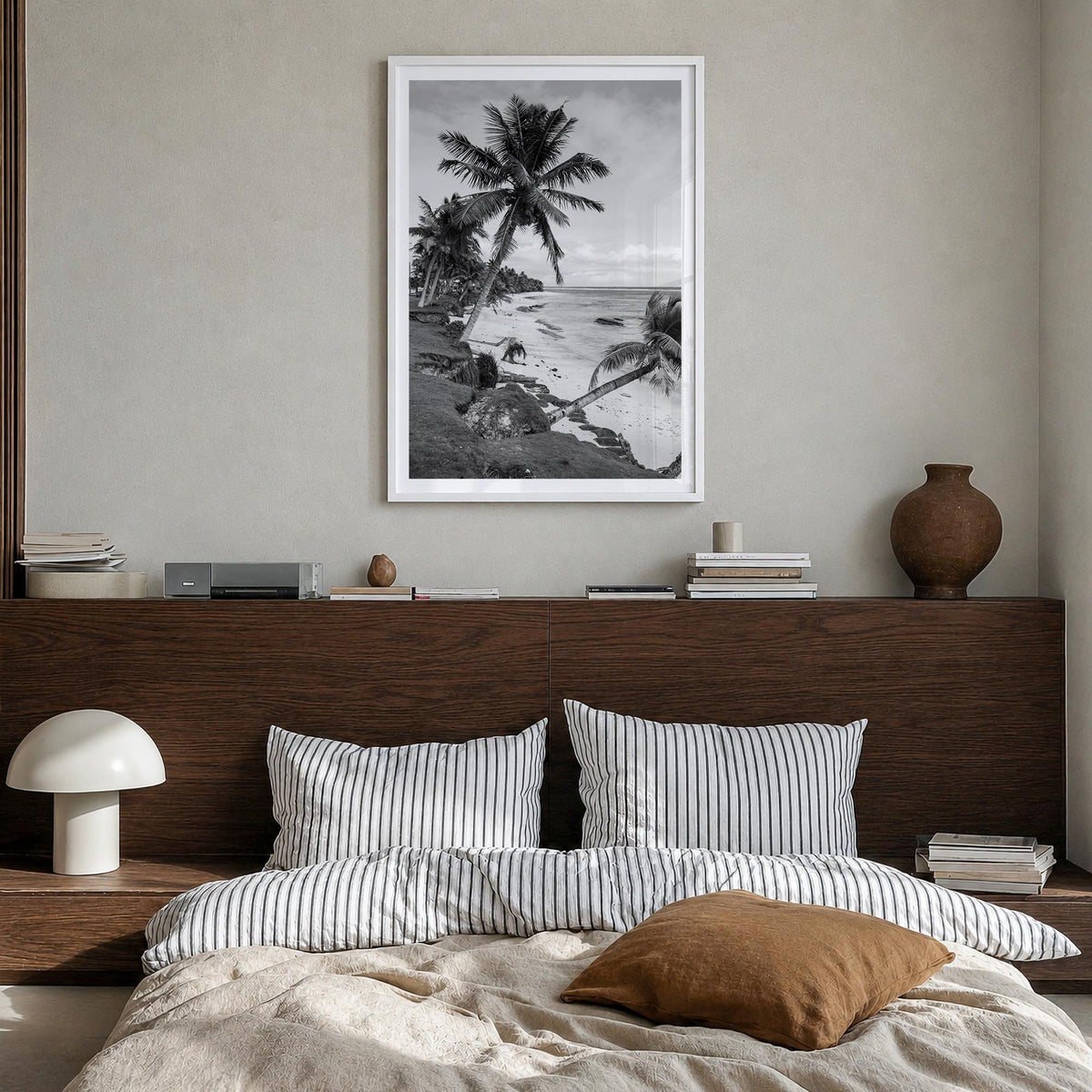 American Samoa black & white photo poster of Oceania – vertical wall art in white wood frame with white border, hanging on wa