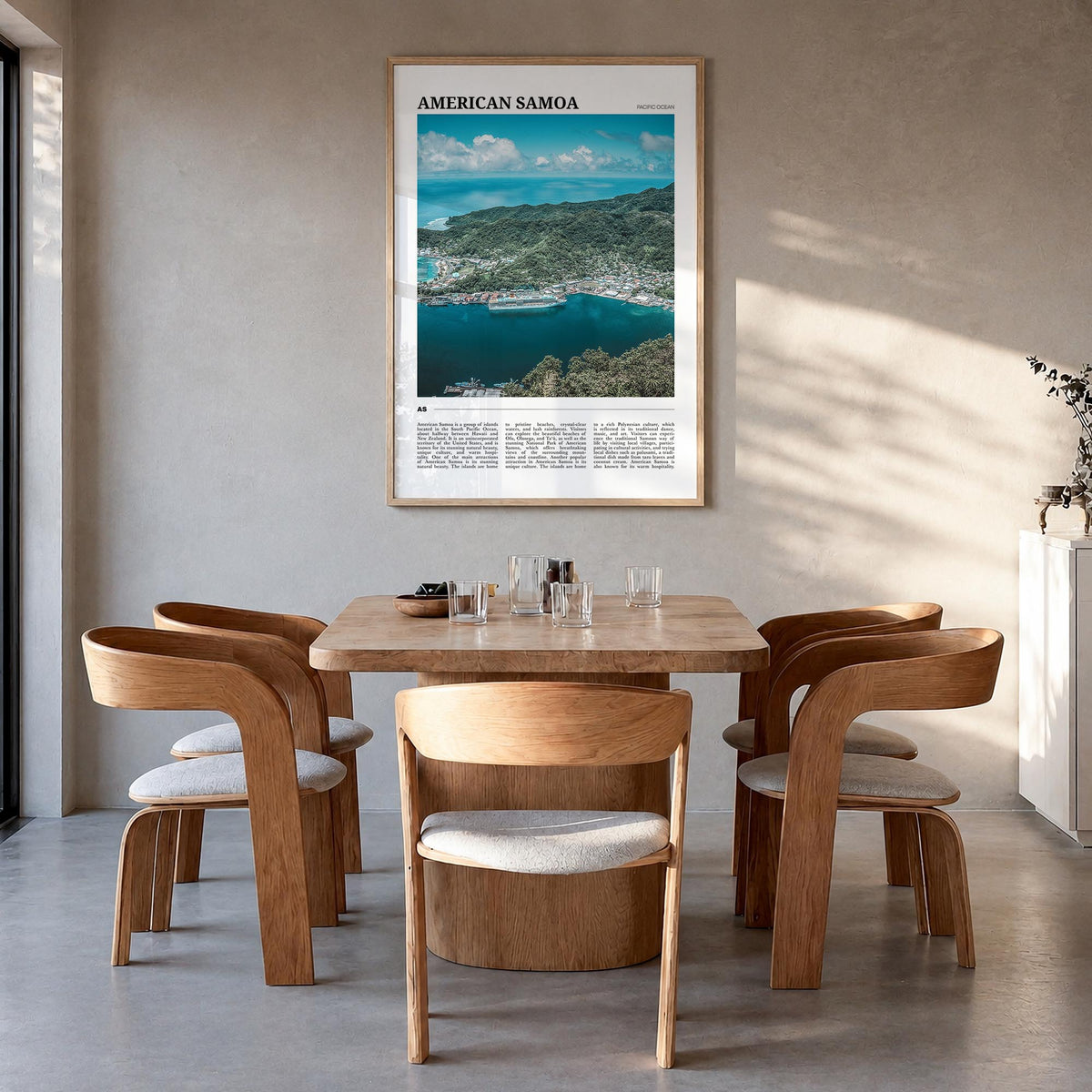 American Samoa colorful travel poster of Oceania – vertical wall art in natural wood frame, hanging on wall