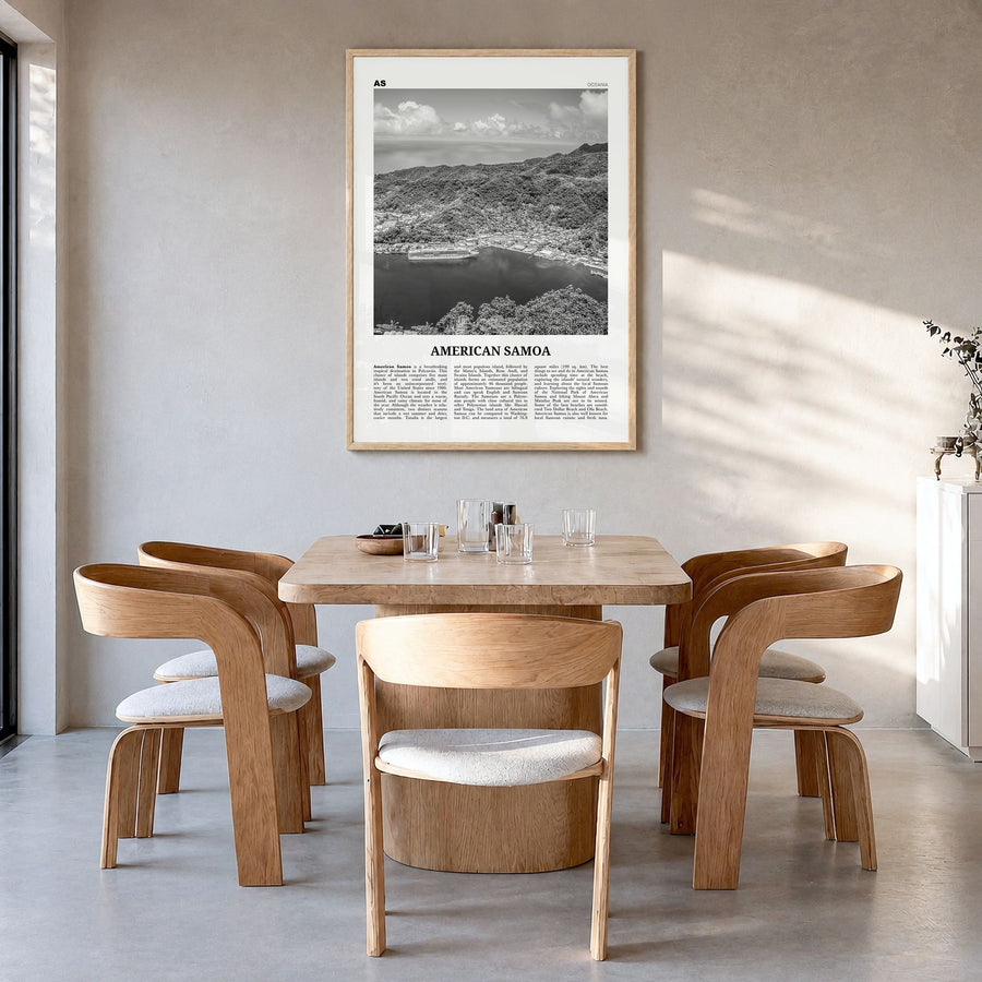 American Samoa Newspaper Poster in a natural wood frame, hanging in a dining room
