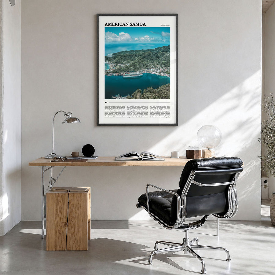 American Samoa Travel Poster in a black wood frame, hanging in a bright home office