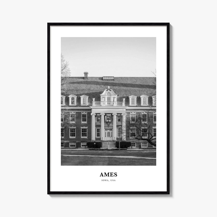 Ames black & white classic poster of Iowa, USA – vertical wall art, unframed print shown in interior mockup
