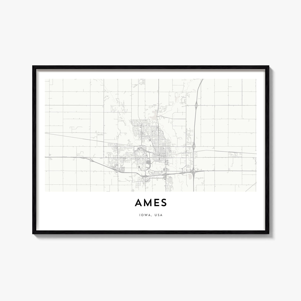 Ames black & white map poster of Iowa, USA – horizontal wall art, unframed print shown in interior mockup