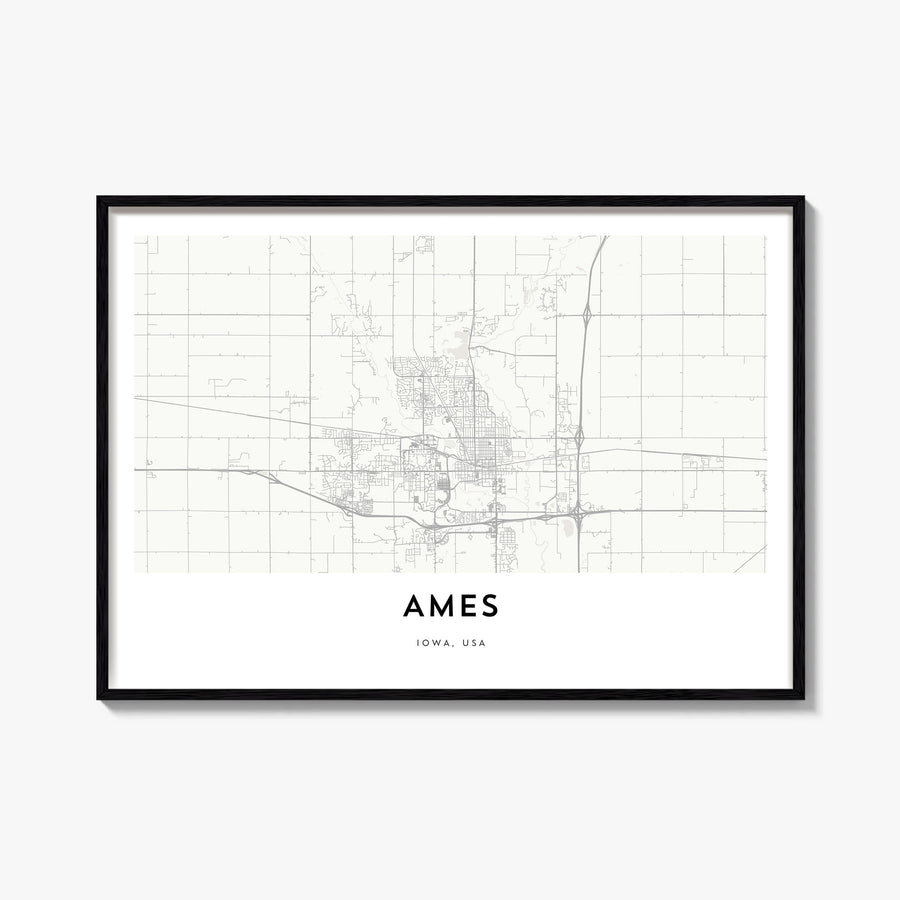 Ames black & white map poster of Iowa, USA – horizontal wall art, unframed print shown in interior mockup