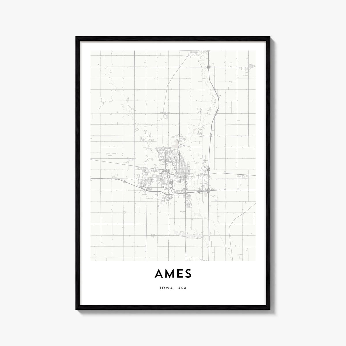 Ames black & white map poster of Iowa, USA – vertical wall art, unframed print shown in interior mockup