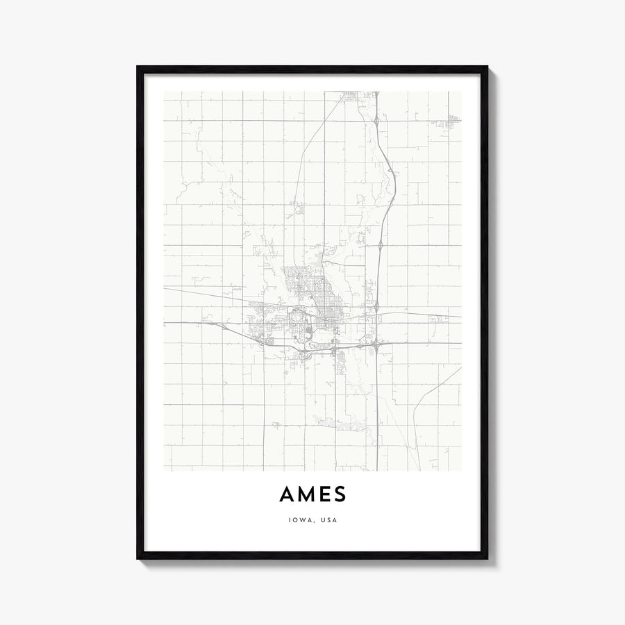 Ames black & white map poster of Iowa, USA – vertical wall art, unframed print shown in interior mockup