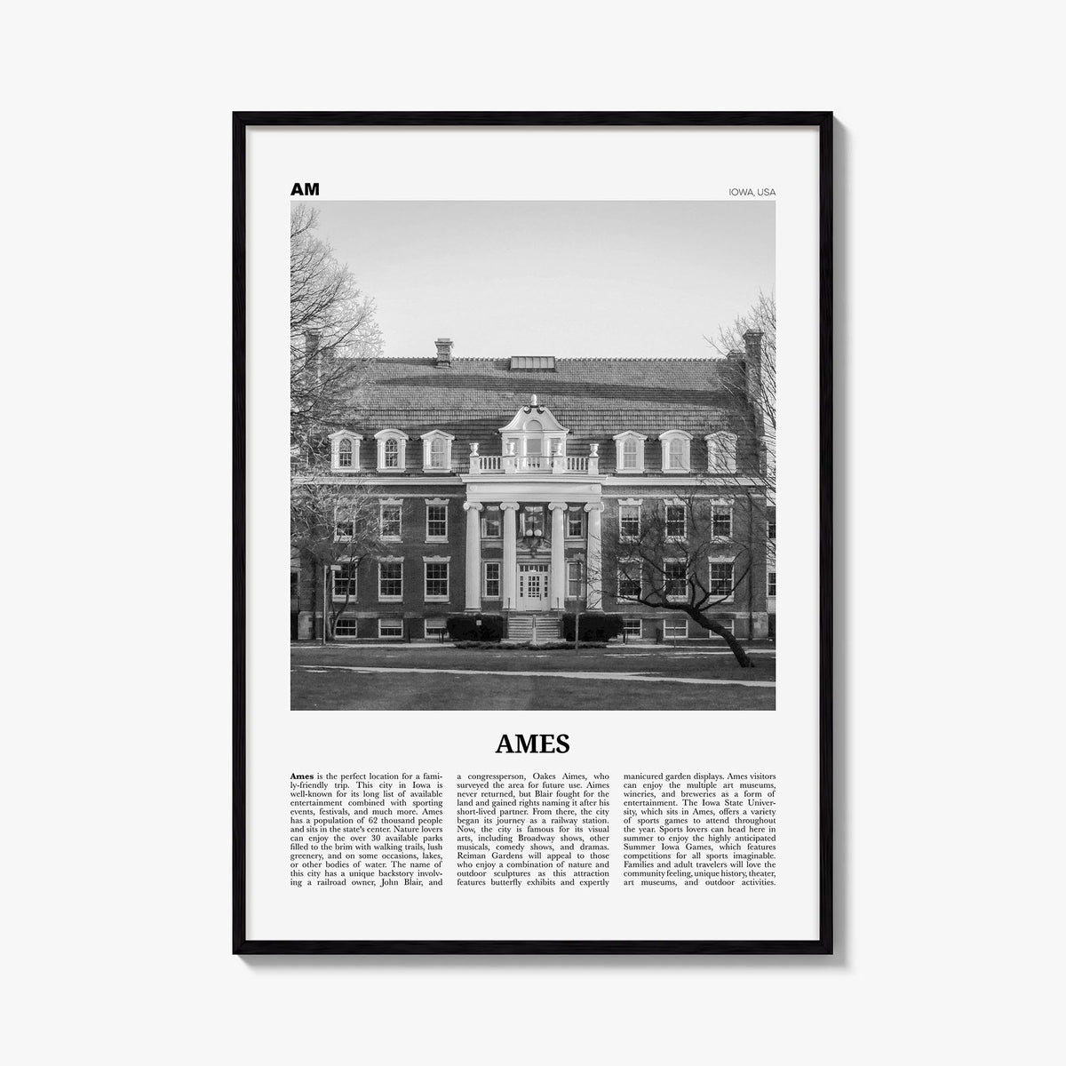 Ames black & white newspaper poster of Iowa, USA – vertical wall art, unframed print shown in interior mockup
