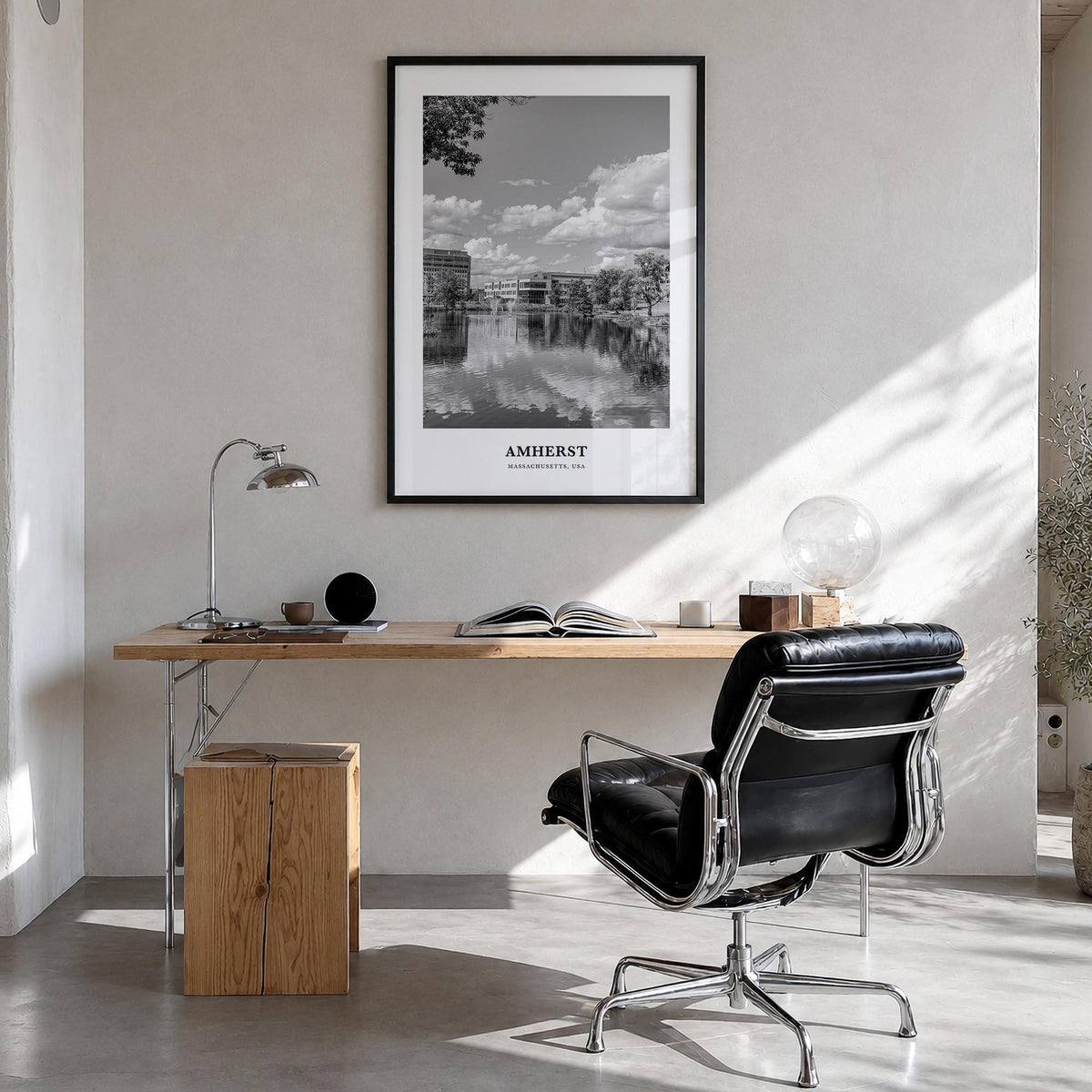 Amherst black & white classic poster of Massachusetts, USA – vertical wall art in black wood frame, hanging on wall