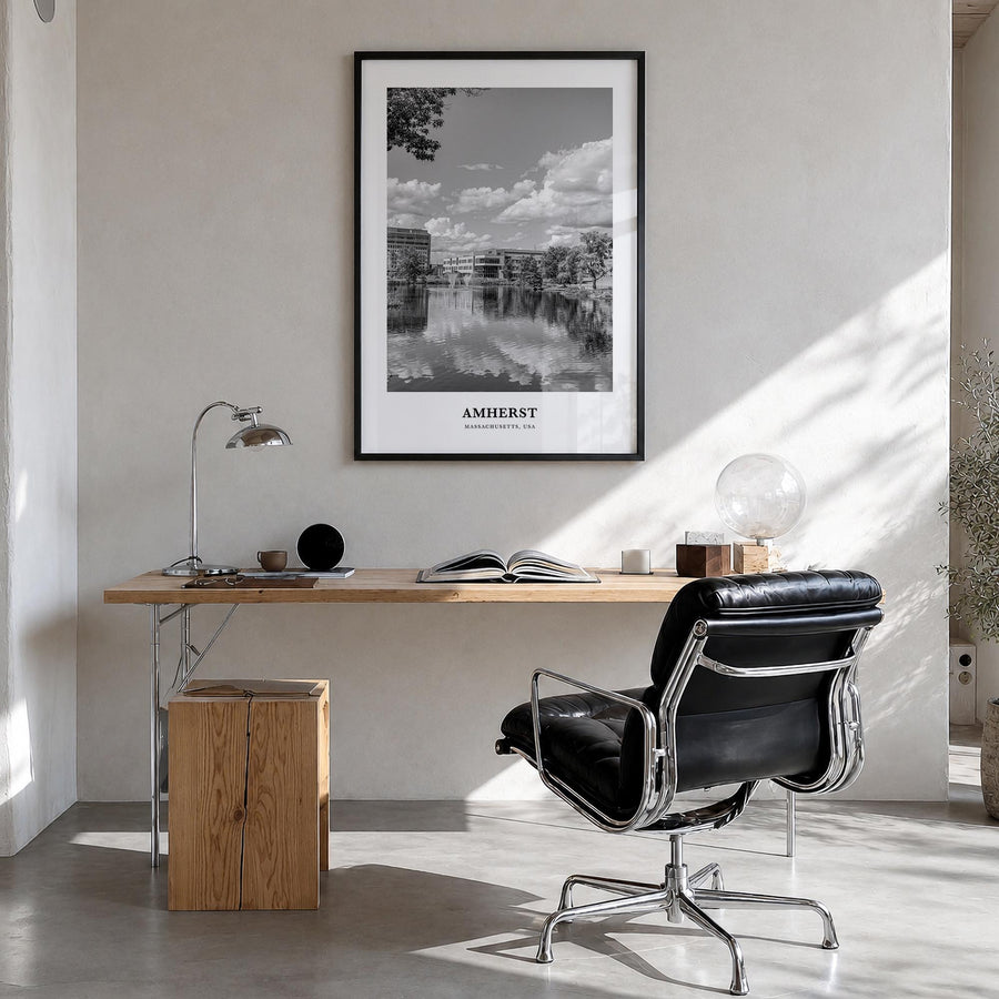 Amherst black & white classic poster of Massachusetts, USA – vertical wall art in black wood frame, hanging on wall