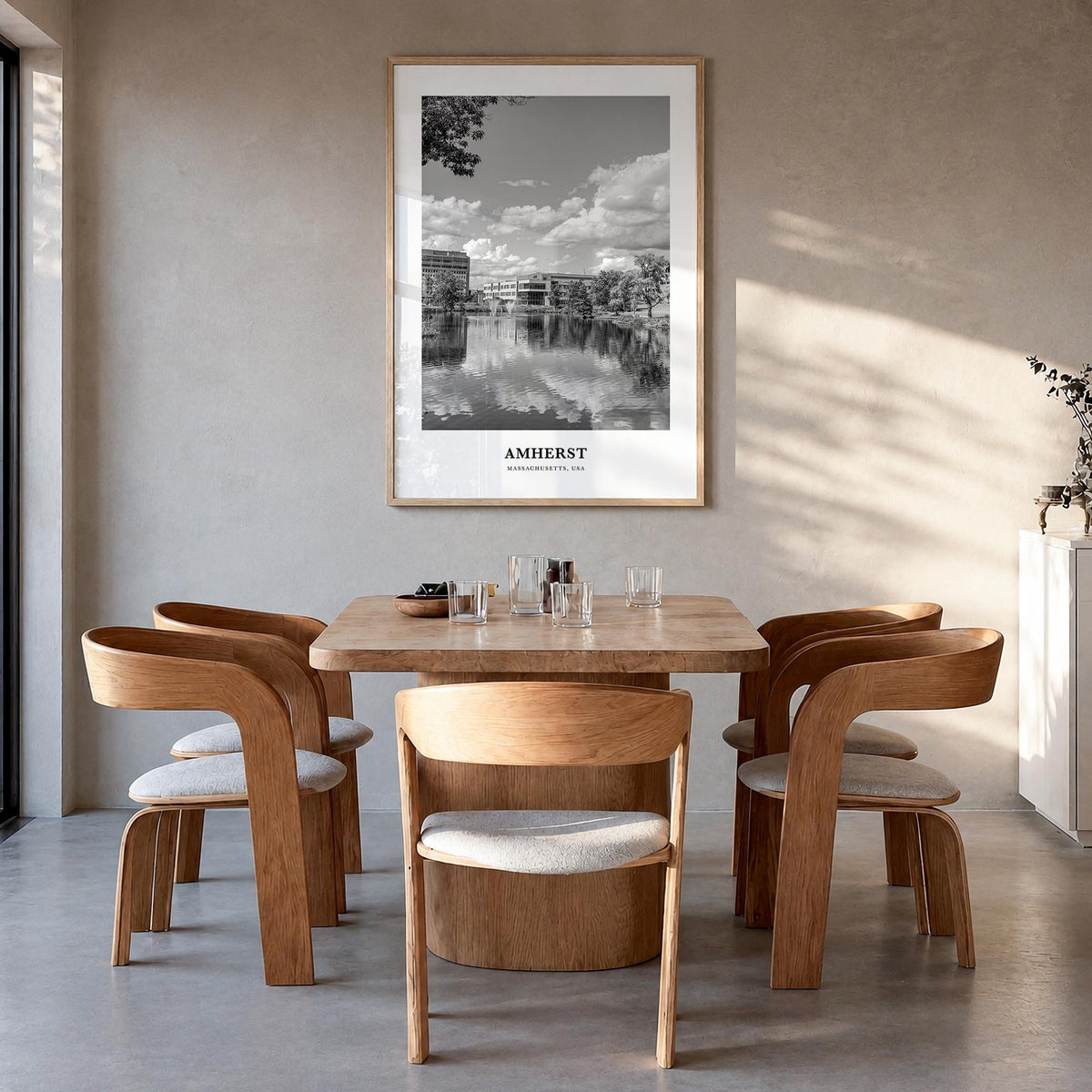 Amherst black & white classic poster of Massachusetts, USA – vertical wall art in natural wood frame, hanging on wall