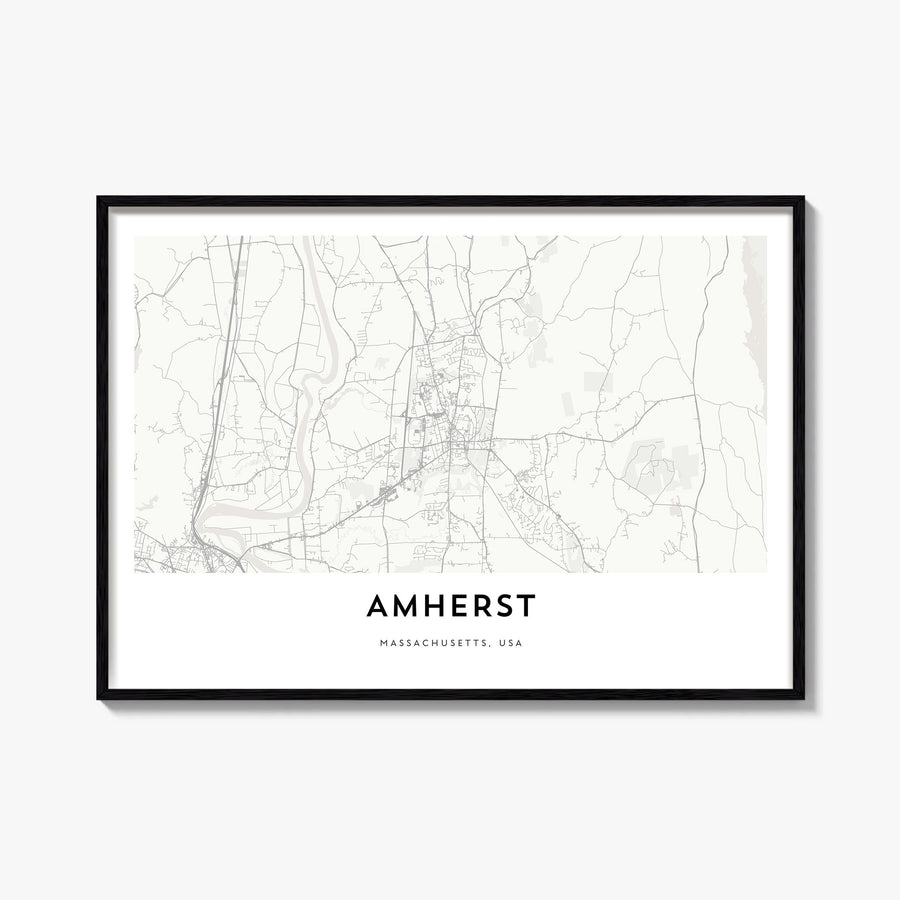 Amherst black & white map poster of Massachusetts, USA – horizontal wall art, unframed print shown in interior mockup