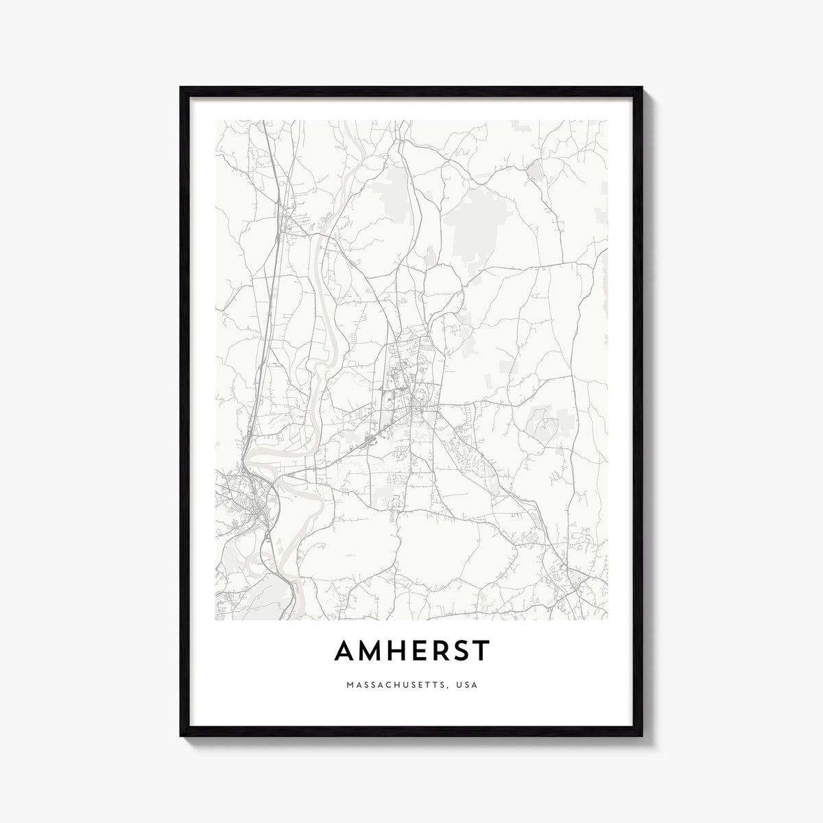 Amherst black & white map poster of Massachusetts, USA – vertical wall art, unframed print shown in interior mockup
