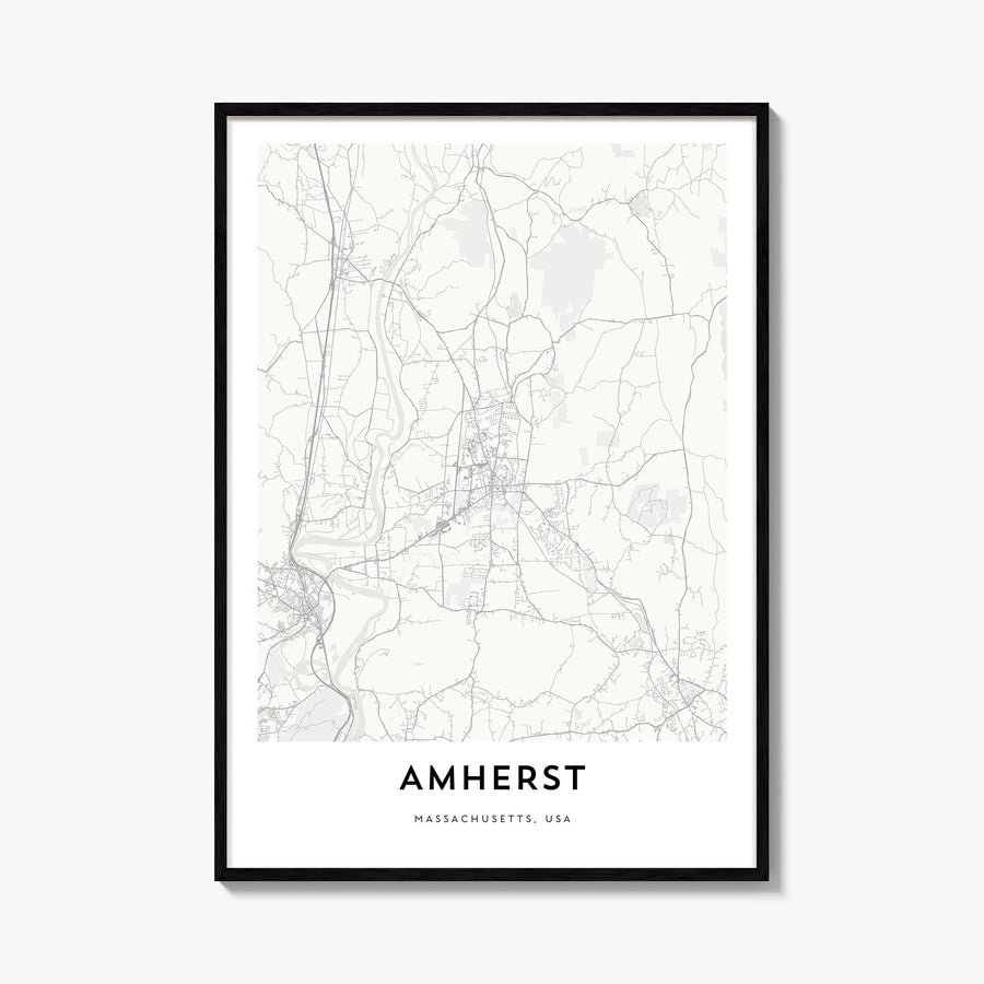 Amherst black & white map poster of Massachusetts, USA – vertical wall art, unframed print shown in interior mockup