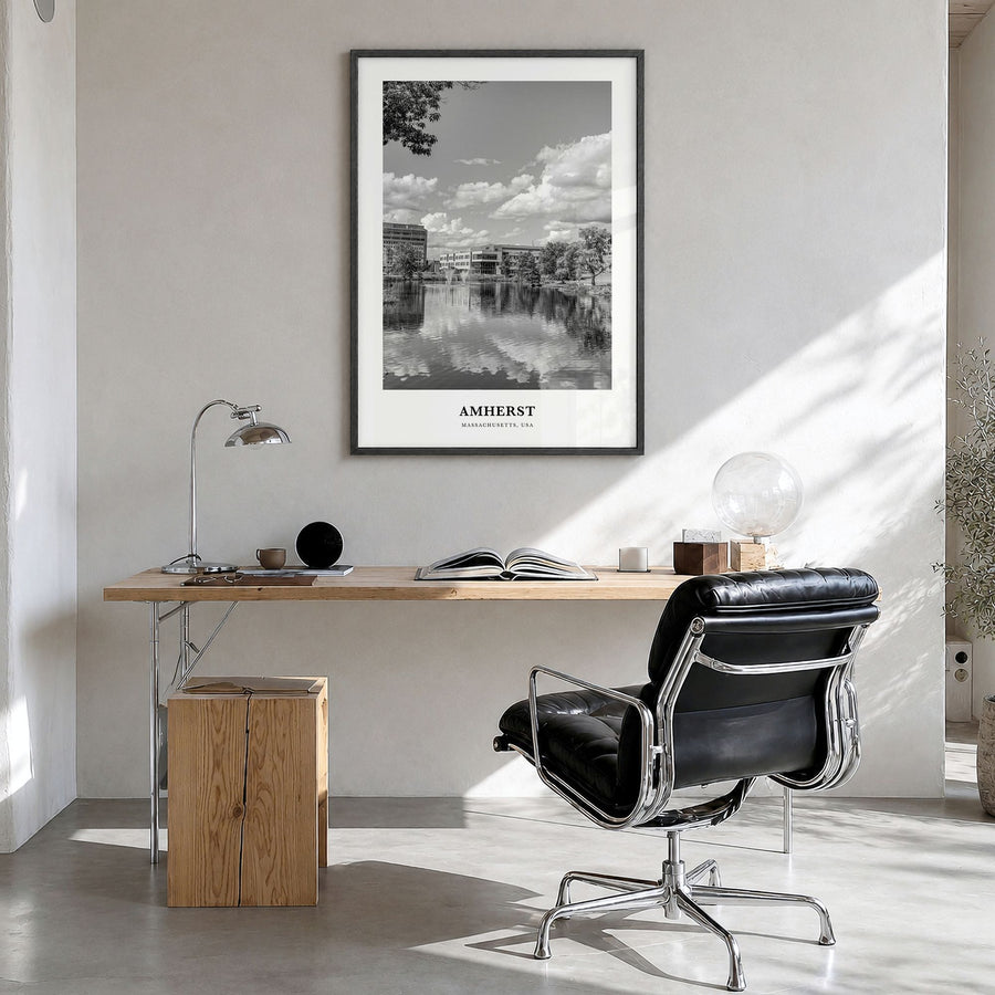Amherst Classic Poster in a black wood frame, hanging in a bright home office