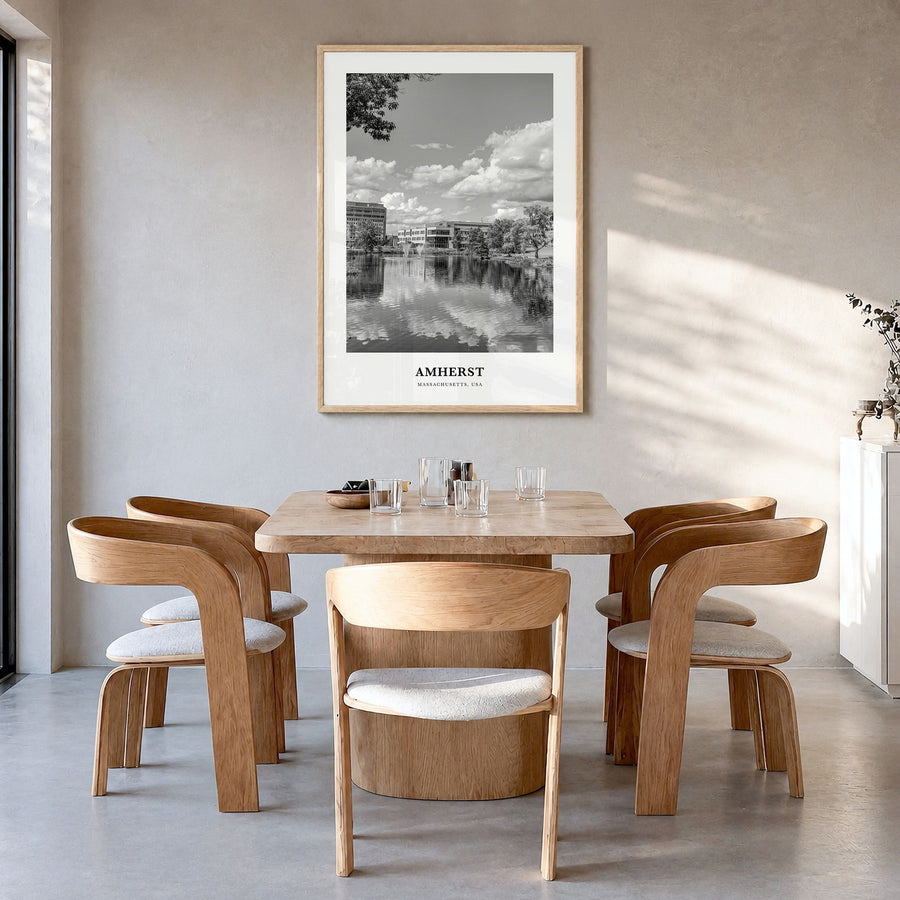 Amherst Classic Poster in a natural wood frame, hanging in a dining room