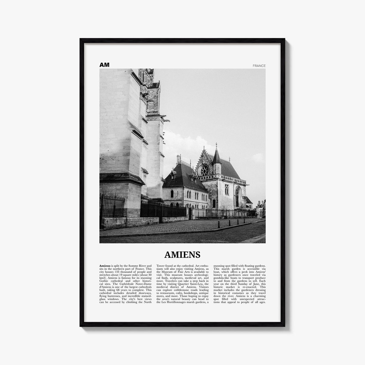 Amiens black & white newspaper poster of France – vertical wall art, unframed print shown in interior mockup